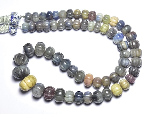 396 Cts Big Unique Dusty Sapphire Melon Beads - 16 Inches - Natural Multi Sapphire Carved Rondelle Beads Strand - Size Is 8 - 13.5 Mm #947