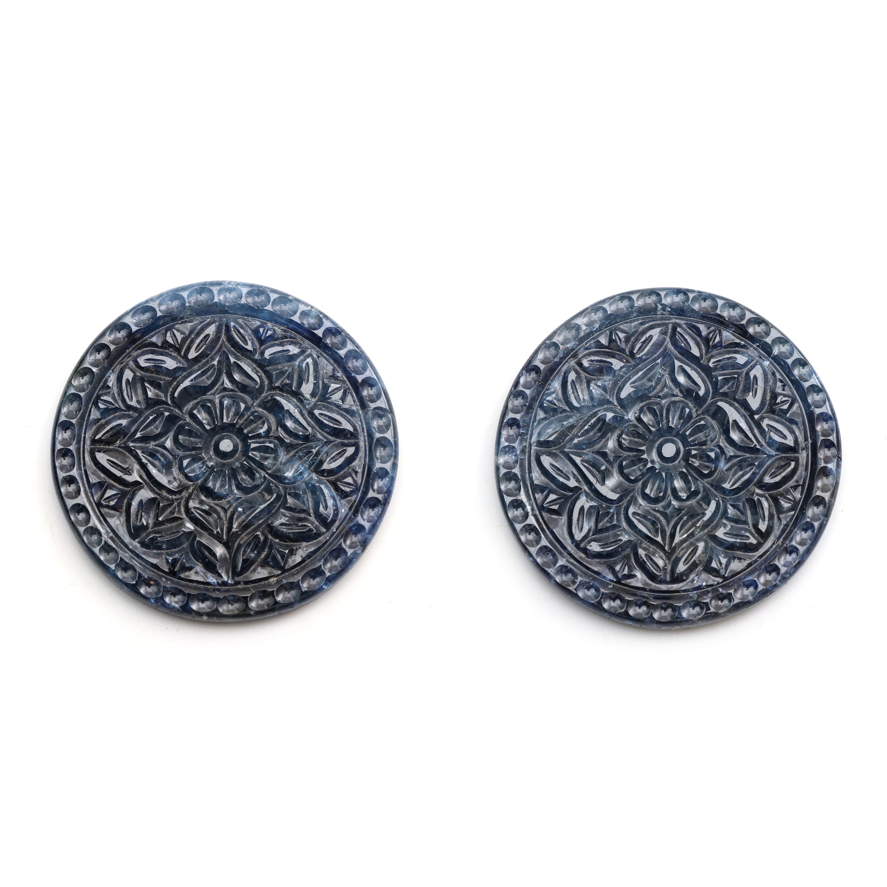 Natural Blue Sapphire Carving Round Loose Gemstone - 39x39 Mm- Blue Sapphire Round, Blue Sapphire Carving Loose Gemstone, Pair (2 Pieces)
