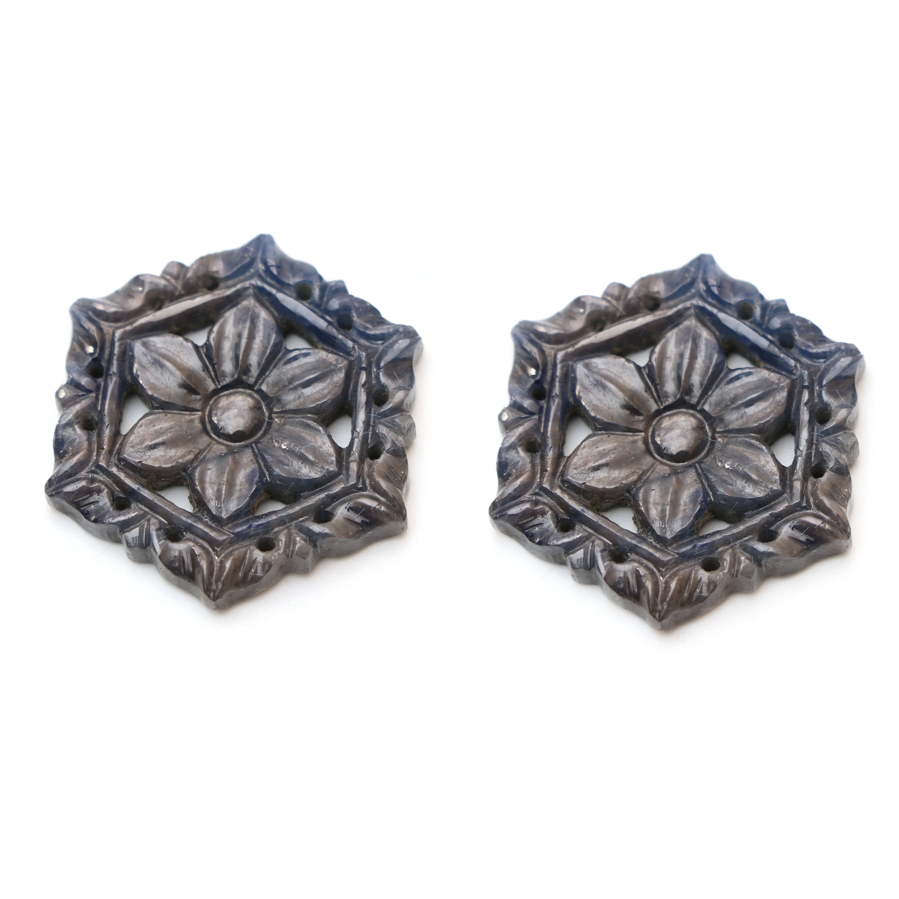 Natural Blue Sapphire Carving Hexagon Loose Gemstone -23x27 Mm- Blue Sapphire Hexagon, Blue Sapphire Carving Loose Gemstone, Pair (2 Pieces)