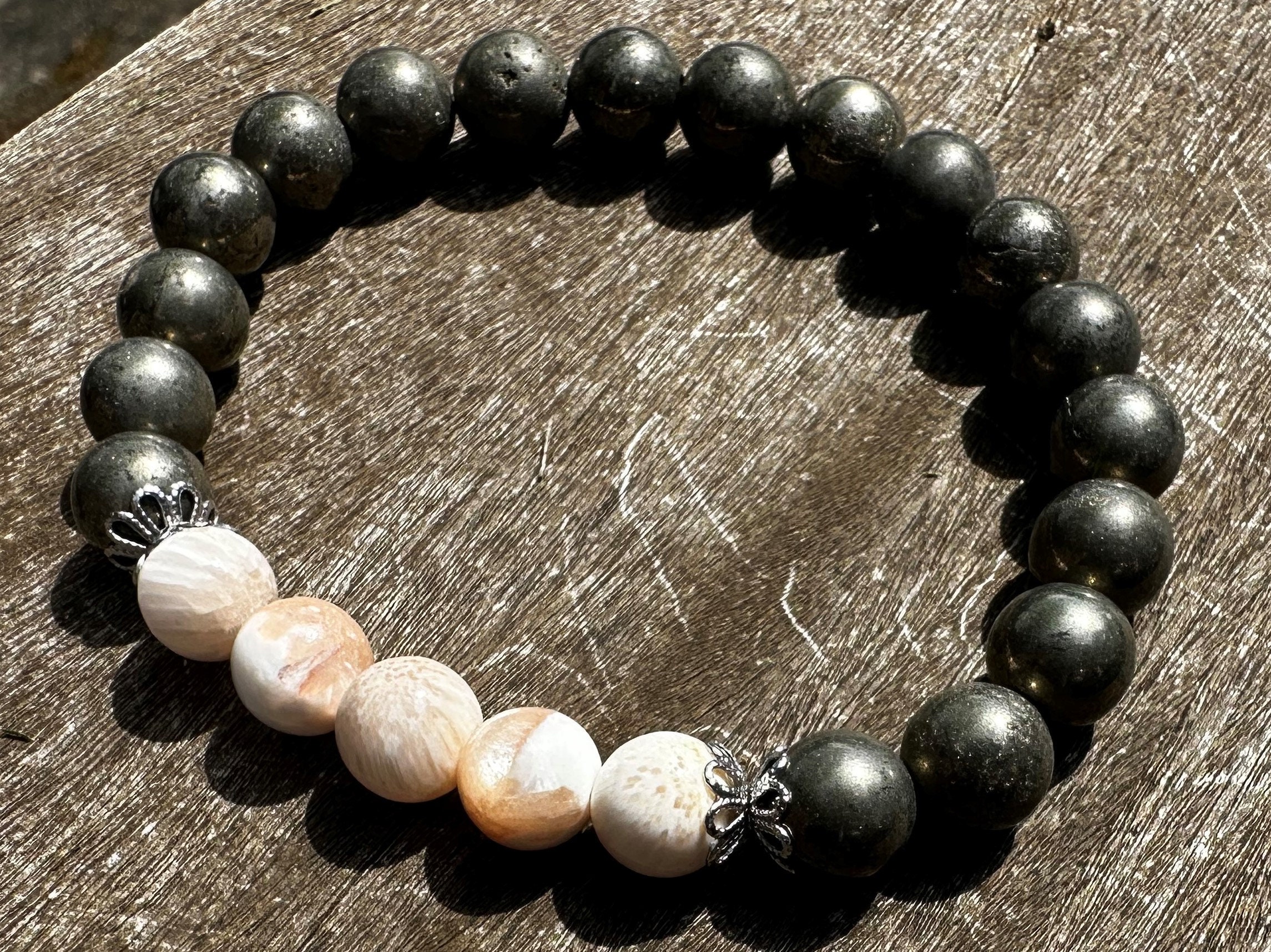 Scolecite And Pyrite, 8mm Healing Stone Bracelet With Positive Healing Energy For Peace! Scolecite And Pyrite, 8mm Healing Stone Bracelet With Positive Healing Energy For Peace!