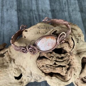 Pink Scolecite wire wrapped cuff bracelet. Copper. Handmade artisan jewelry. Pink Scolecite wire wrapped cuff bracelet. Copper. Handmade artisan jewelry.