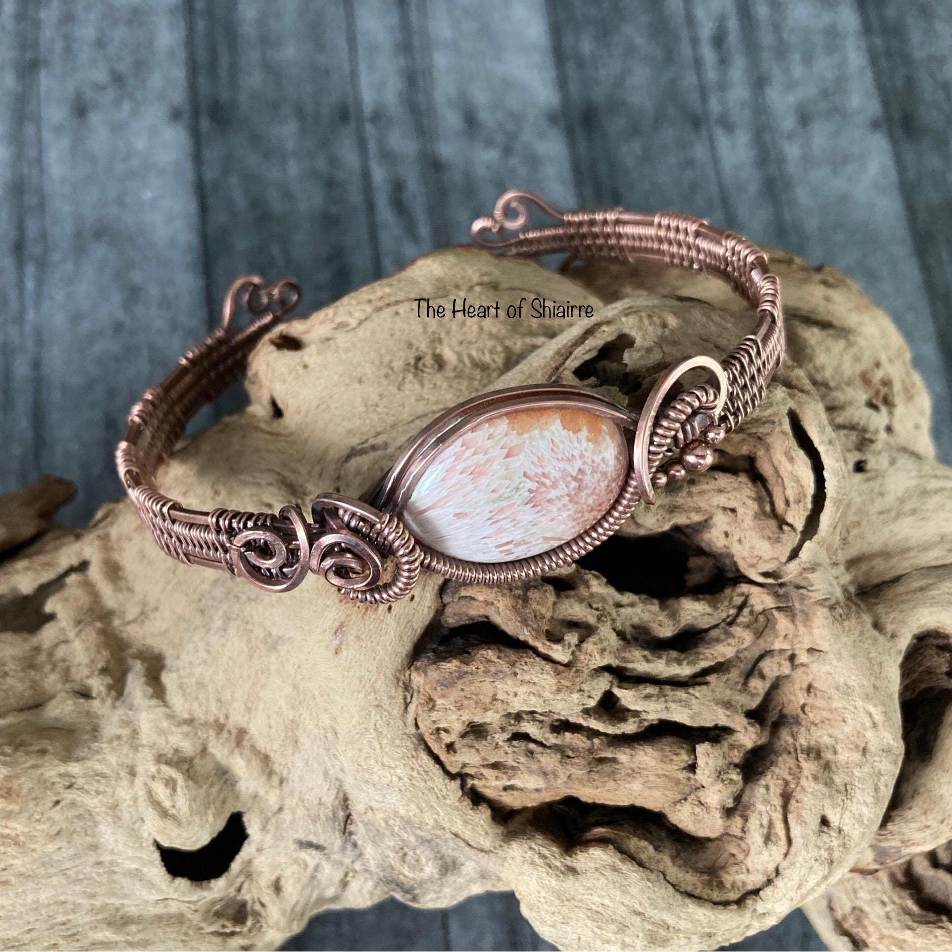 Pink Scolecite Wire Wrapped Cuff Bracelet. Copper. Handmade Artisan Jewelry.