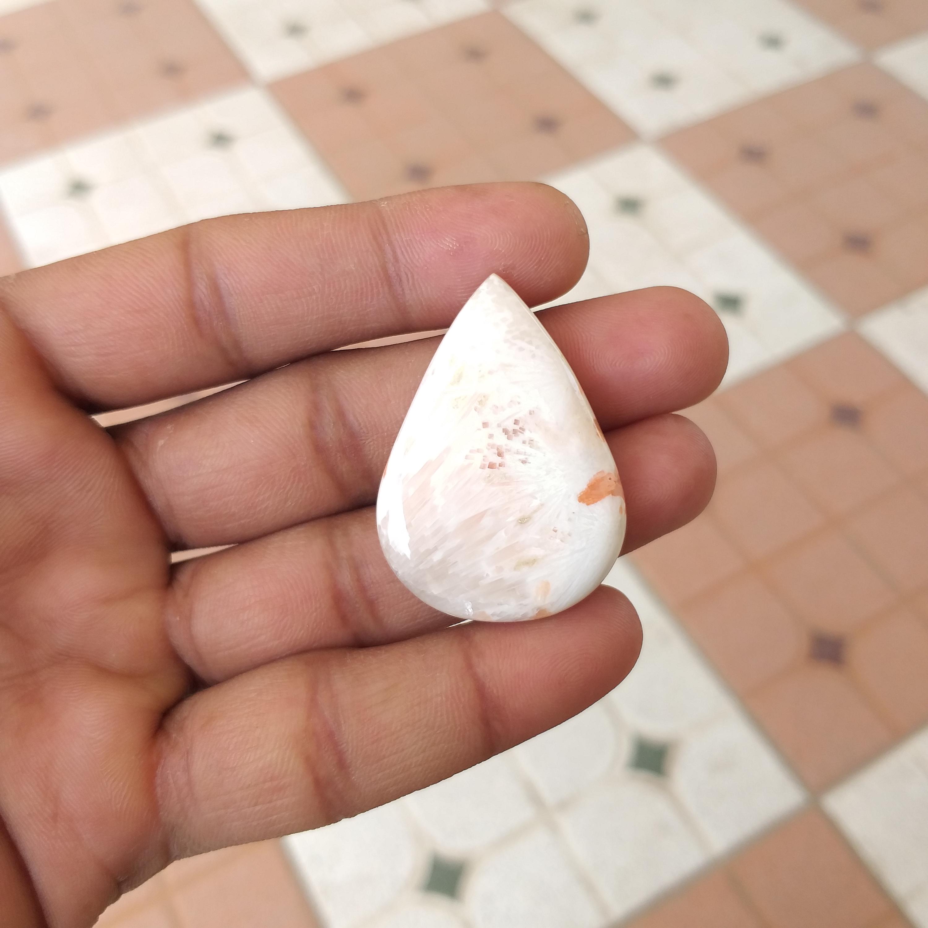 Polished Orange Scolecite Stone Cabochon : Pear Shape Gemstone 45 Carat (41x29x5 Mm)
