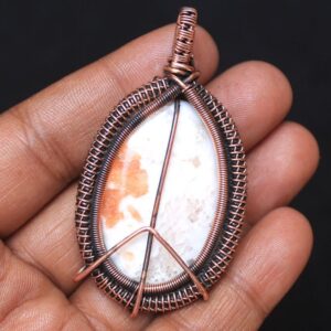 Scolecite Gemstone Copper Wire Woven Pendant: Fine Hand Work Jewelry