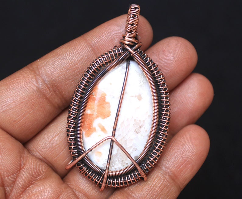 Scolecite Gemstone Copper Wire Woven Pendant: Fine Hand Work Jewelry