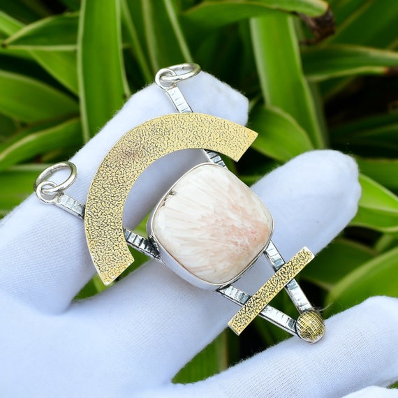 Handmade Scolecite Pendant: 925 Sterling Silver, 18k Gold Plated Handmade Scolecite Pendant: 925 Sterling Silver, 18k Gold Plated
