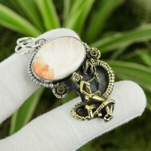 Handmade Scolecite Dragon Pendant: 925 Sterling Silver, 18K Gold Plated
