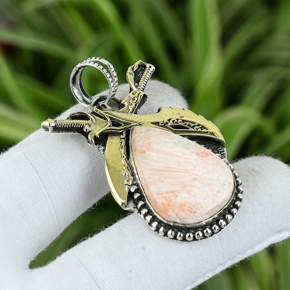 Handmade Scolecite Sword Pendant: 925 Sterling Silver, 18k Gold Plated