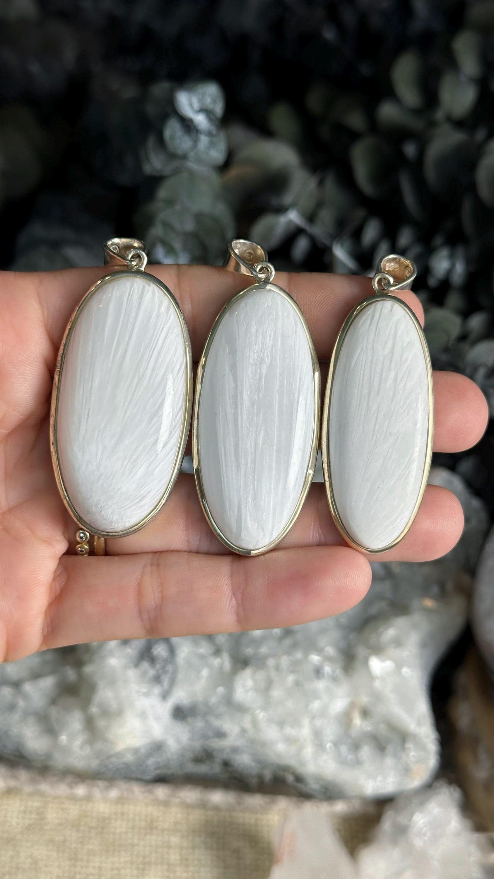 Long Oval Scolecite Crystal Pendant Necklace: .925 Sterling Silver, 2 1/4” - 2 1/2” Long Oval Scolecite Crystal Pendant Necklace: .925 Sterling Silver, 2 1/4” - 2 1/2”