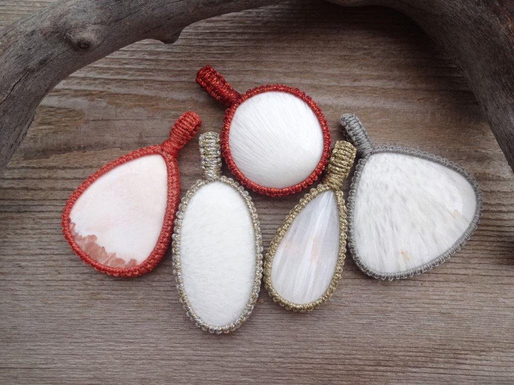 Macrame Scolecite Pendant Necklace, Healing White Stone Jewelry
