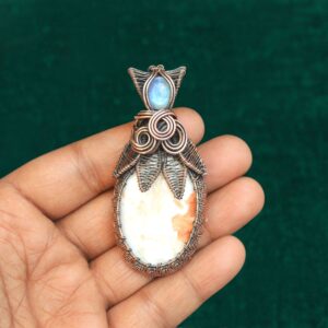 Moonstone Evil Eye Copper Wire Woven Pendant, Scolecite Gemstone Jewelry
