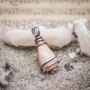 Peach Scolecite Gemstone, Oxidized Sterling Silver Wire Wrapped Mini Pendant Charm Peach Scolecite Gemstone, Oxidized Sterling Silver Wire Wrapped Mini Pendant Charm