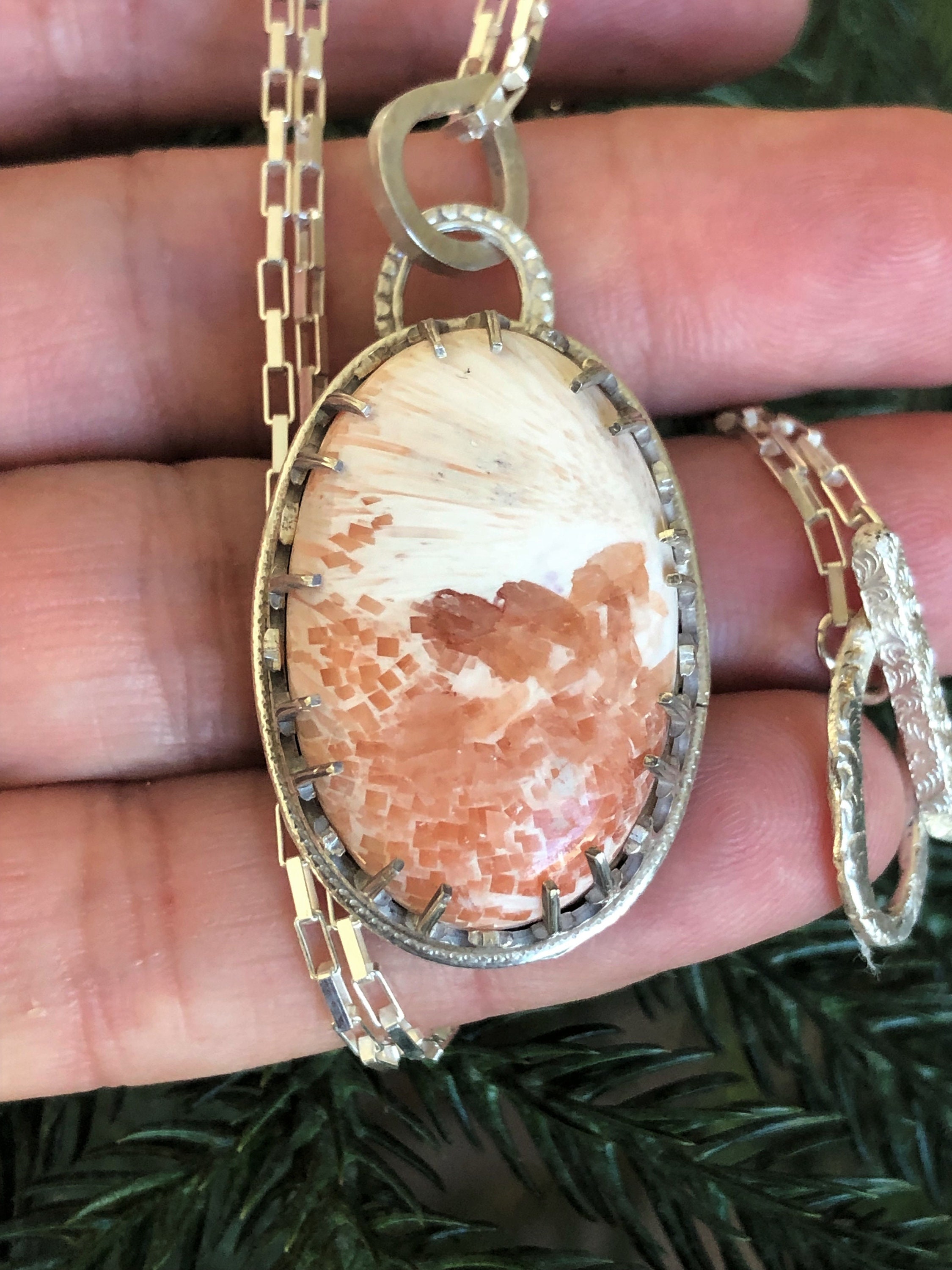Peach Scolecite Sterling Silver Pendant: Natural Gemstone, Unique Pattern