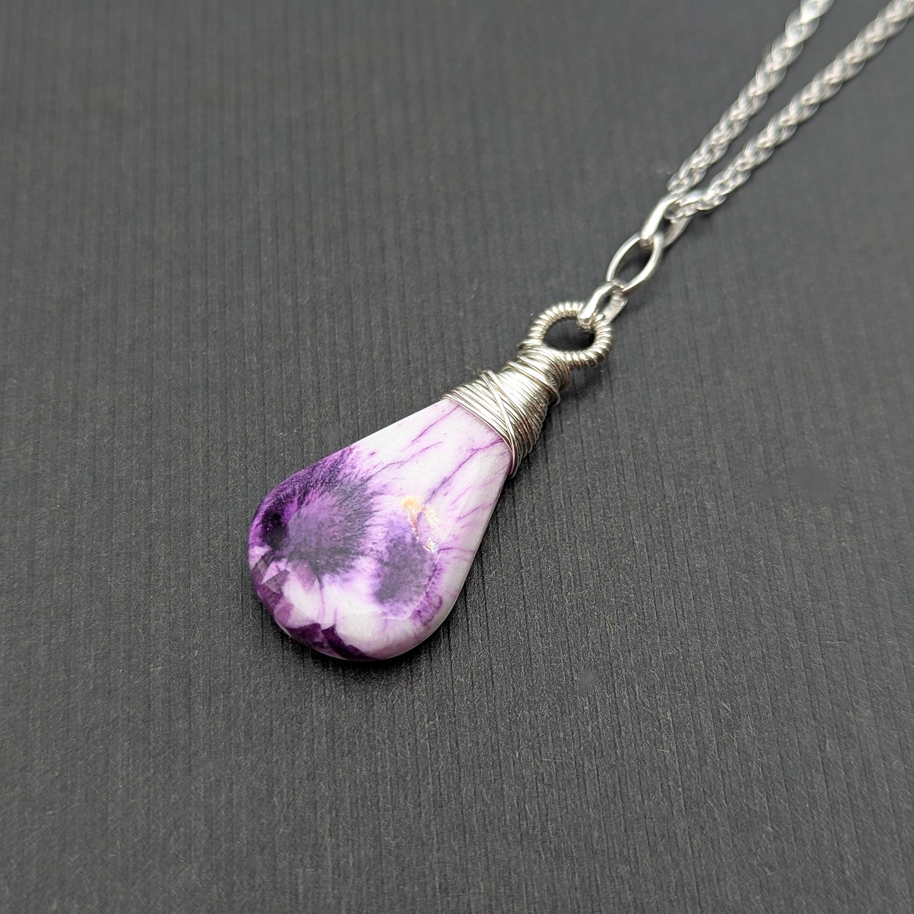 Vivid Purple Scolecite Sterling Silver Pendant Necklace, Violet White Gemstone Wire Wrapped Teardrop On Oval Rolo Chain, Starburst Markings