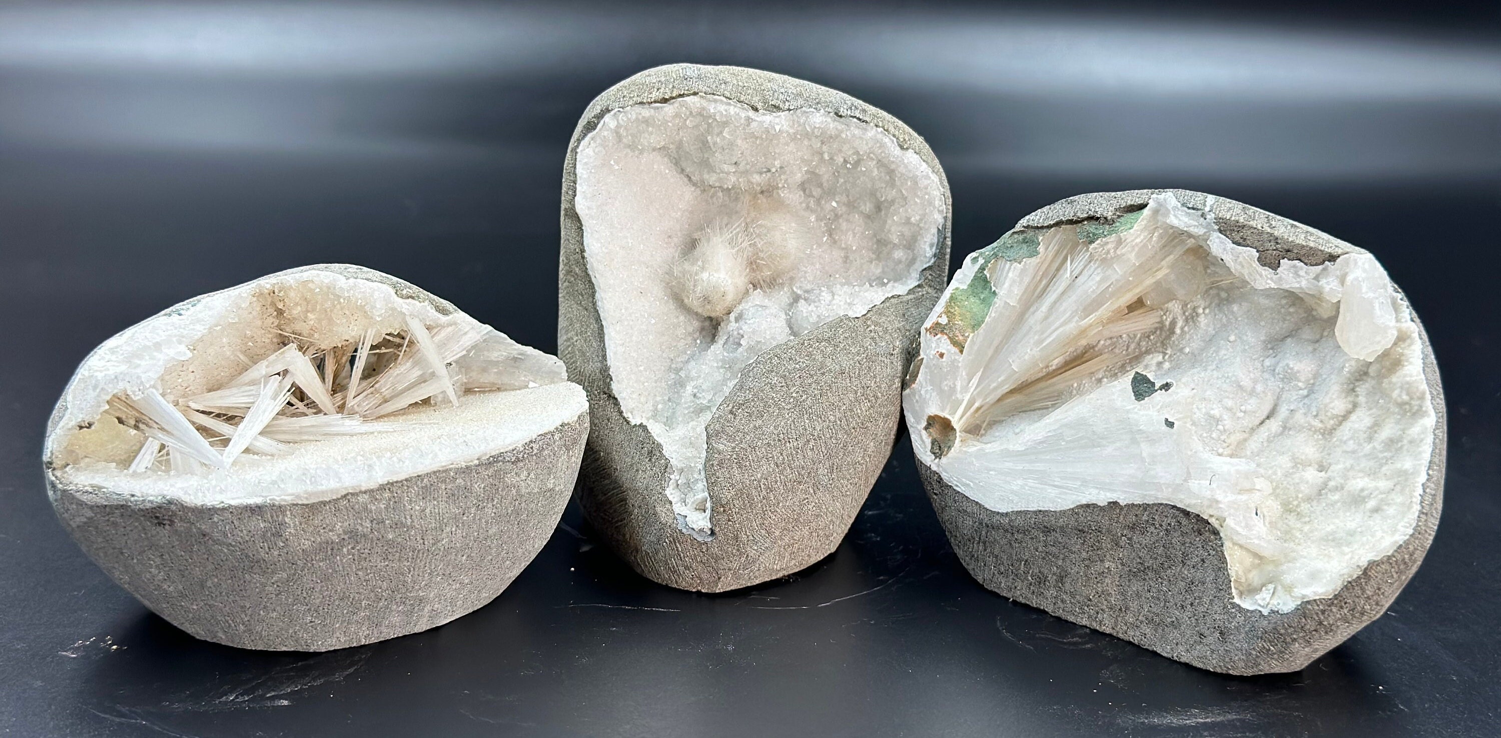 Natural Scolecite Cluster Set: Self Standing Geode Display Pieces