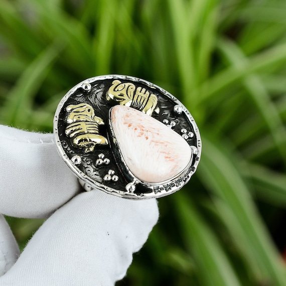 Handmade Scolecite Ring: 18k Gold Plated Sterling Silver Elephant Jewelry