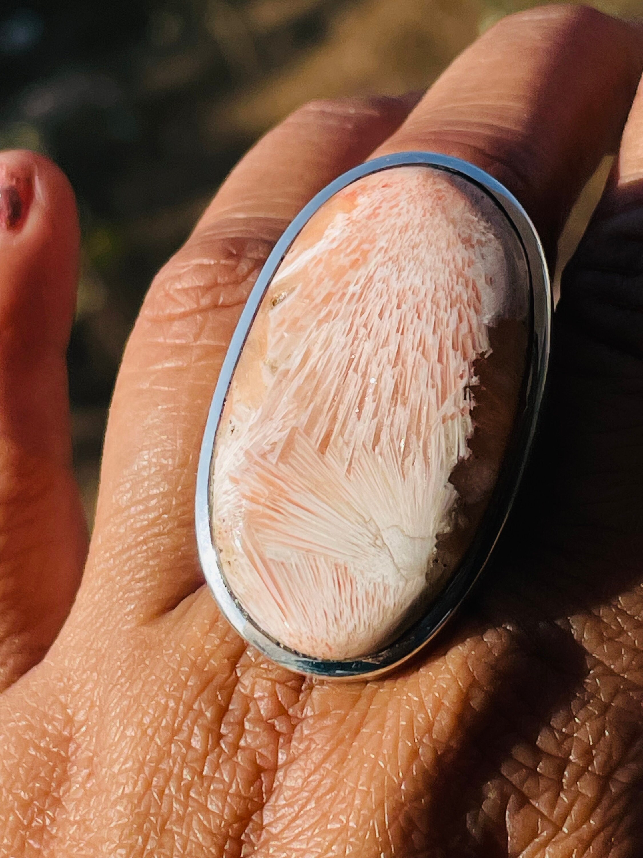 Handmade Orange Scolecite Sterling Silver Ring: Healing Crystal Jewelry