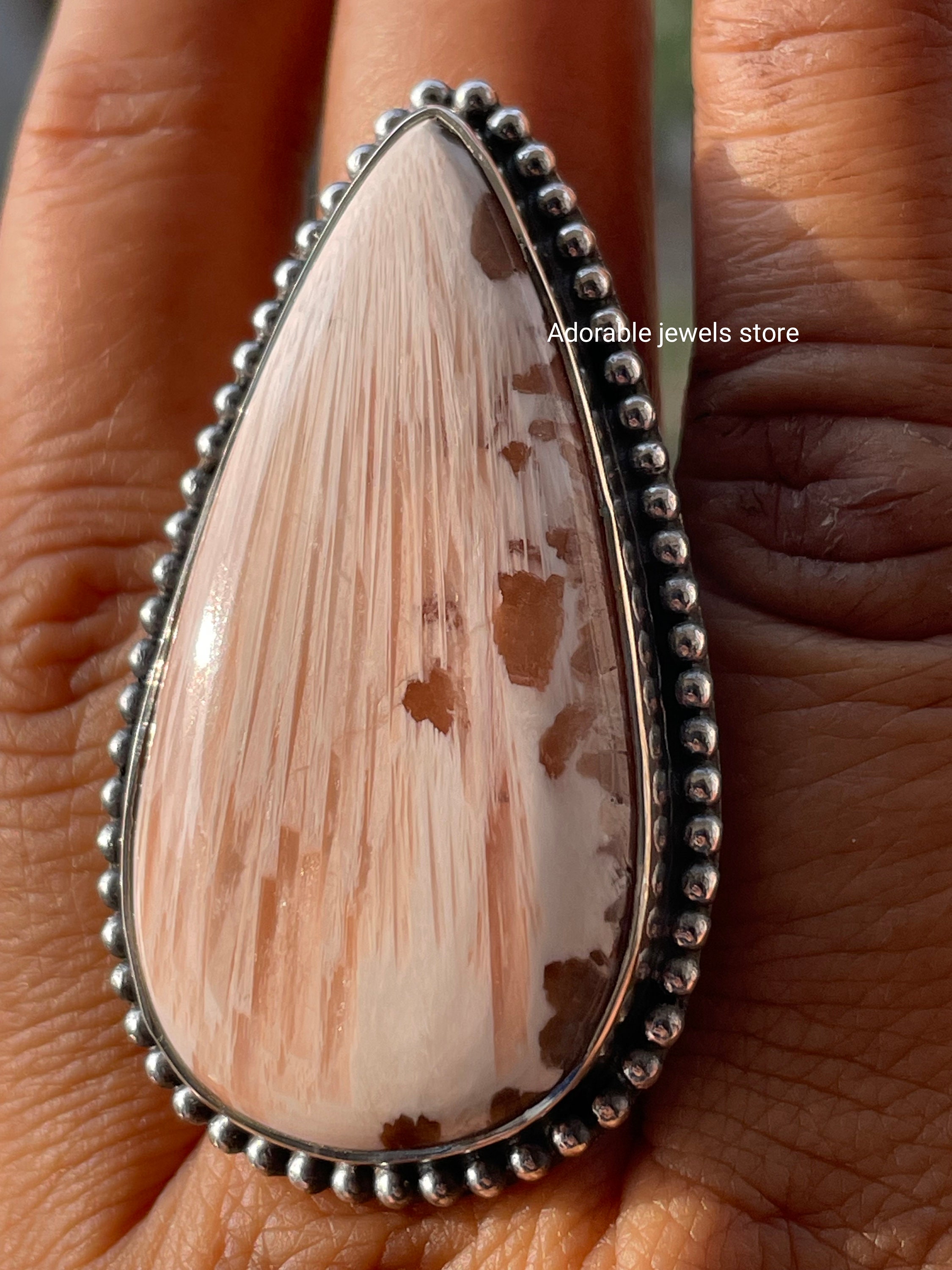 Handmade Pear Scolecite 925 Sterling Silver Ring: Energy Healing Jewelry