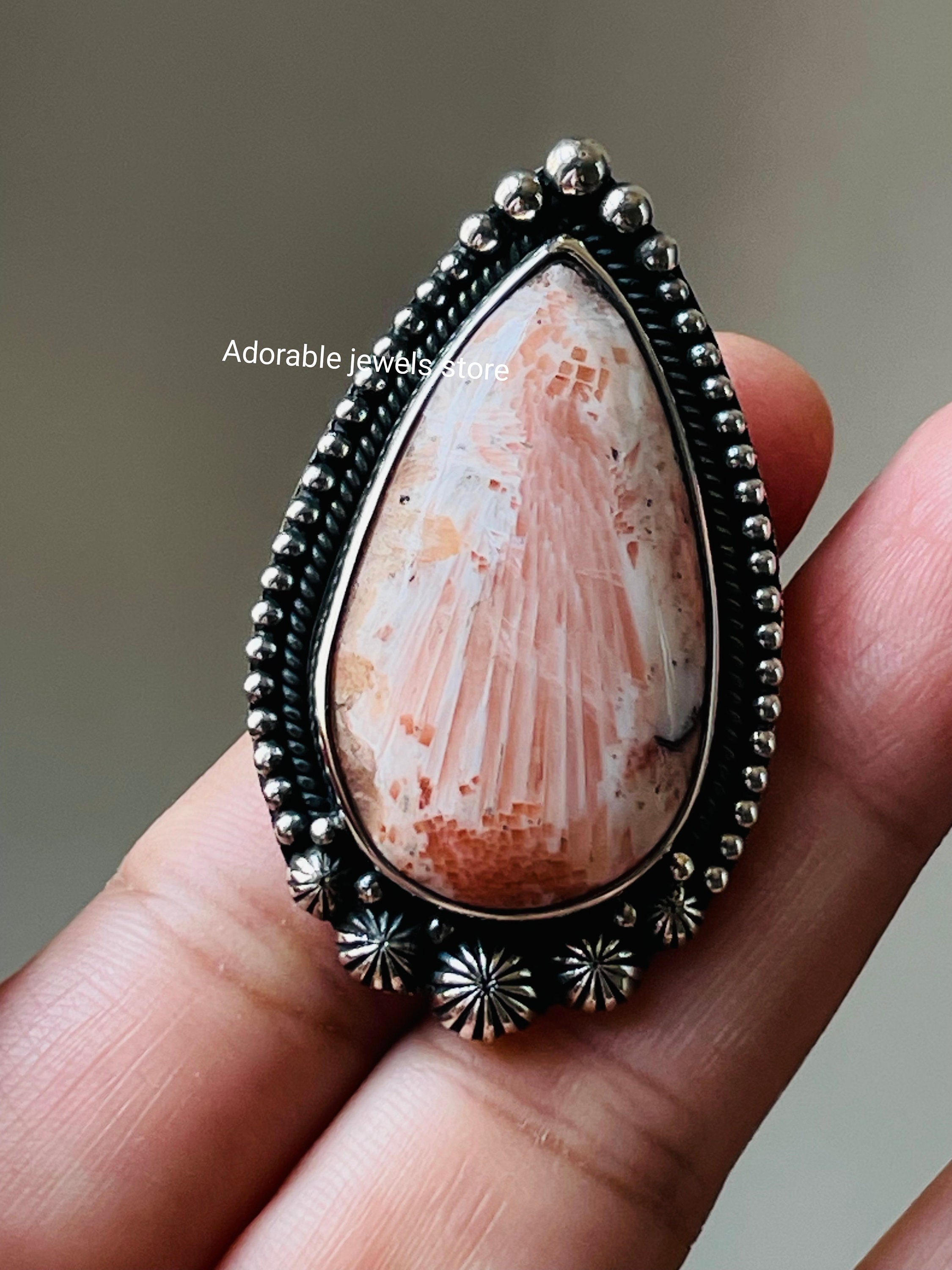 Handmade Pear Scolecite Ring: Solid 925 Sterling Silver Healing Crystal