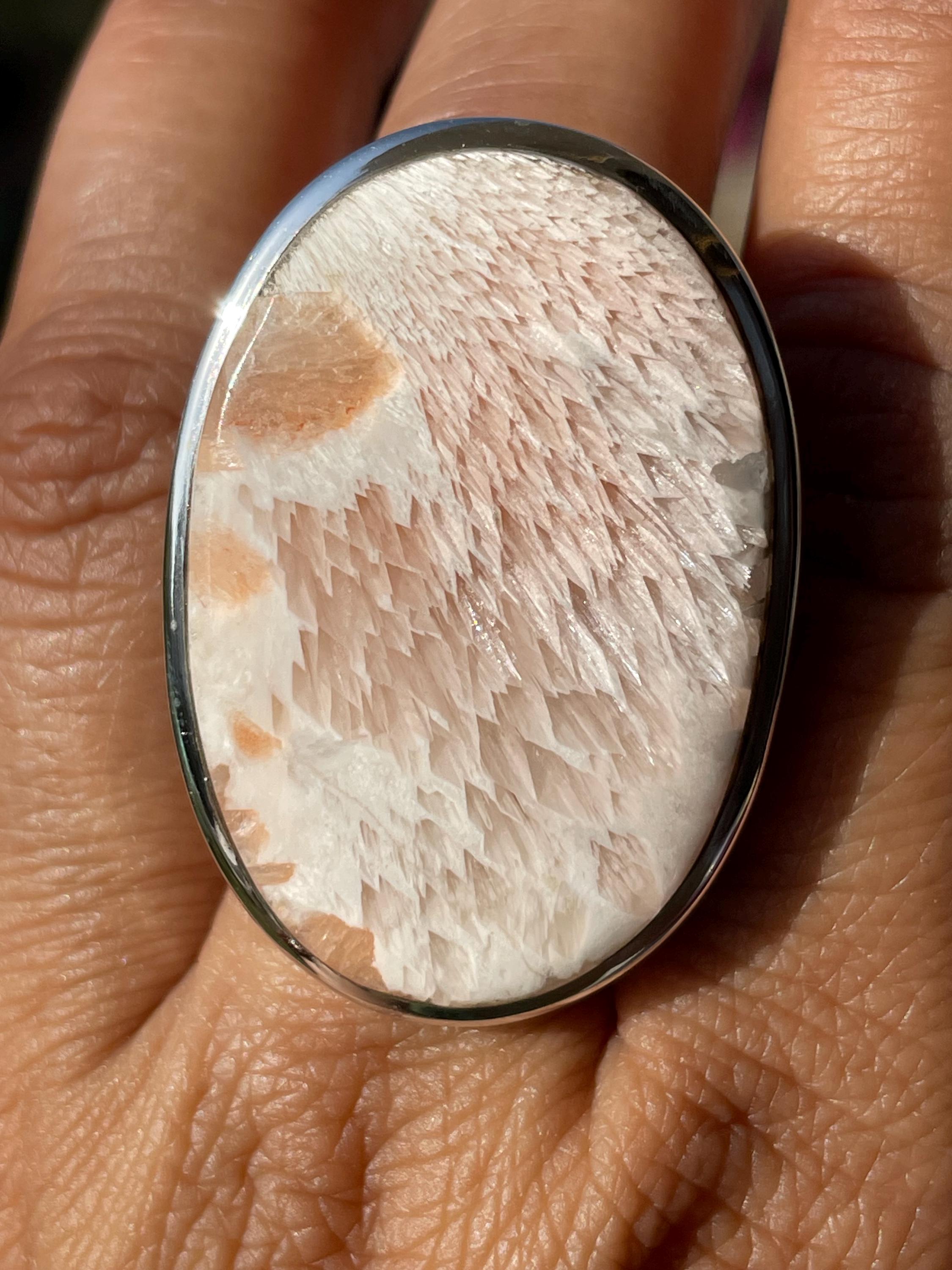 Handmade Scolecite Sterling Silver Ring: Oval Gemstone Boho Statement