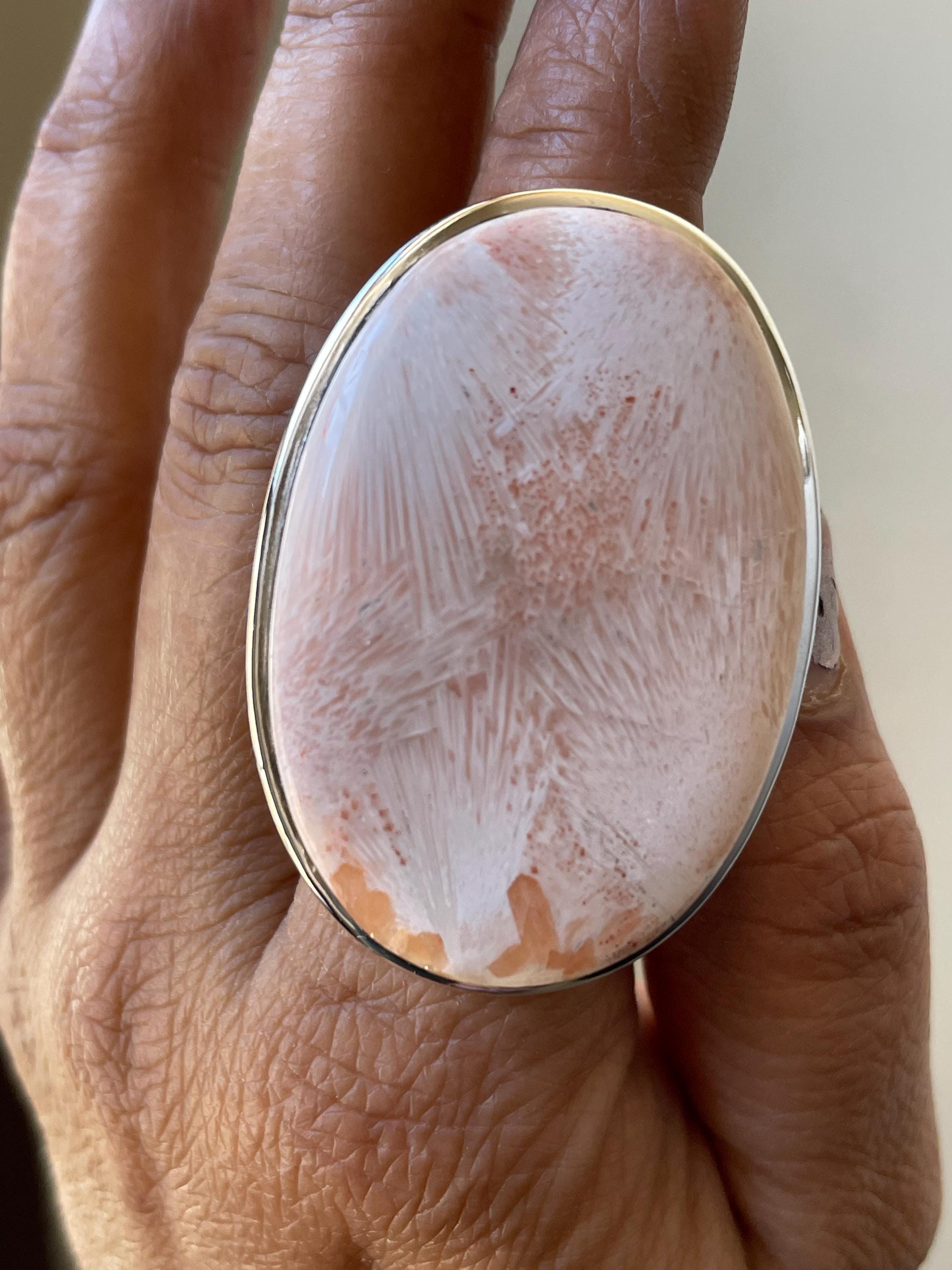 Handmade Scolecite Sterling Silver Ring: Oval Gemstone Boho Statement