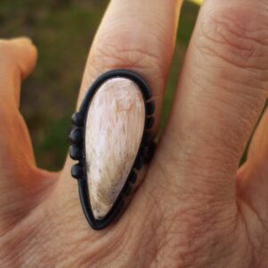 Peach Scolecite Size 7 Ring, Sterling Silver Teardrop Rings, White Stone Jewelry