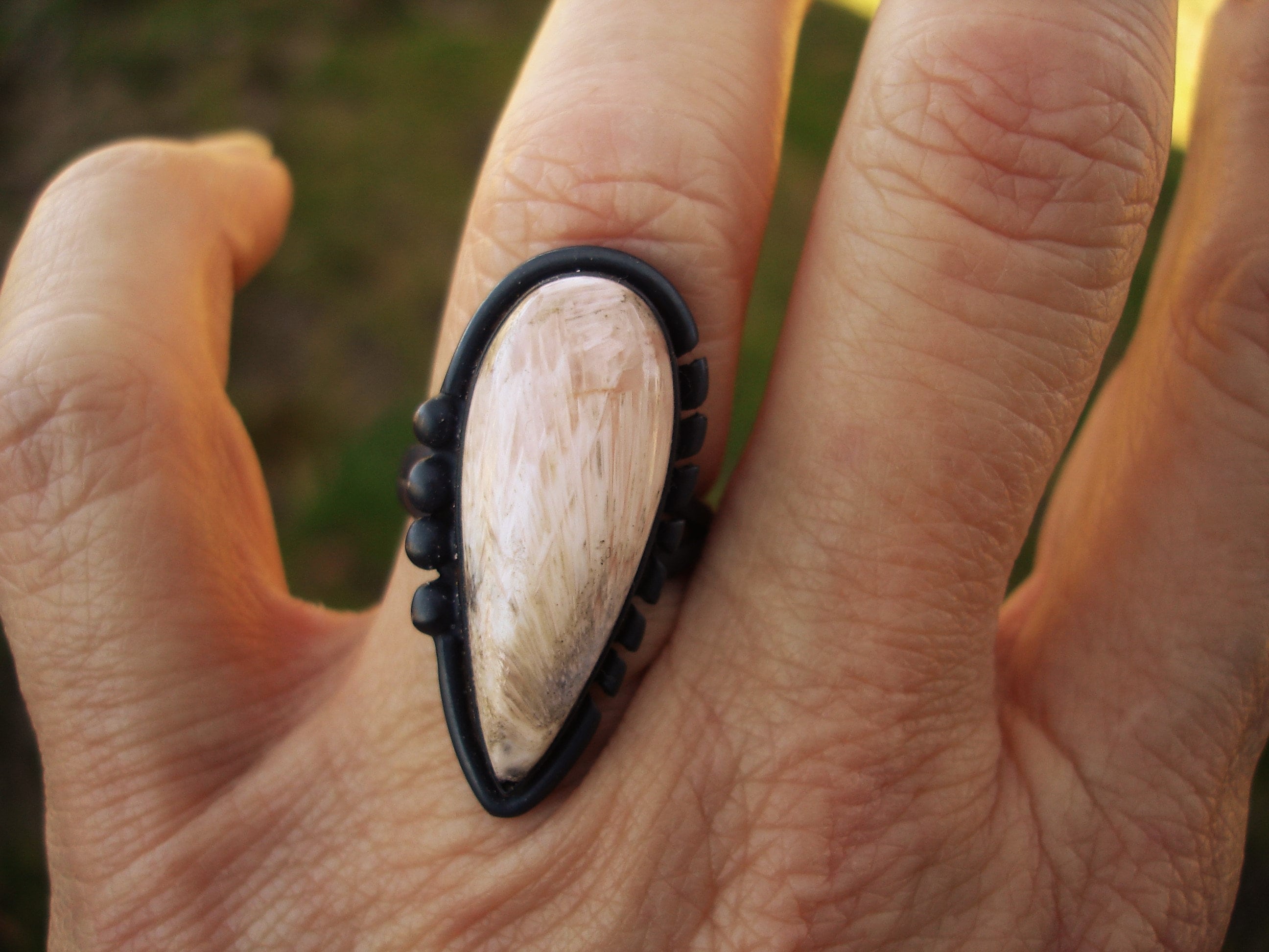 Peach Scolecite Size 7 Ring, Sterling Silver Teardrop Rings, White Stone Jewelry