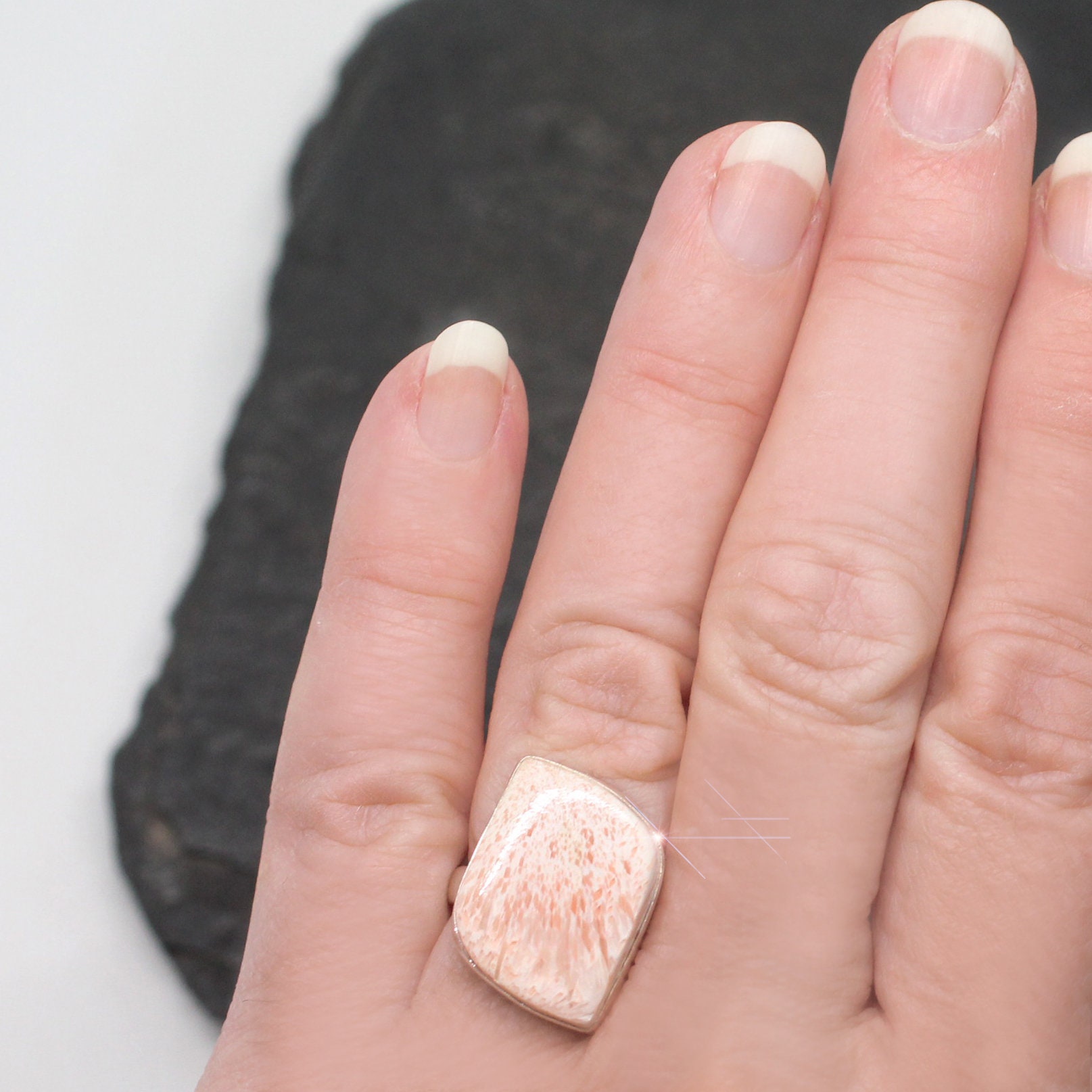 Peaches & Cream - Peach Scolecite Gemstone Sterling Silver Ring Size 7