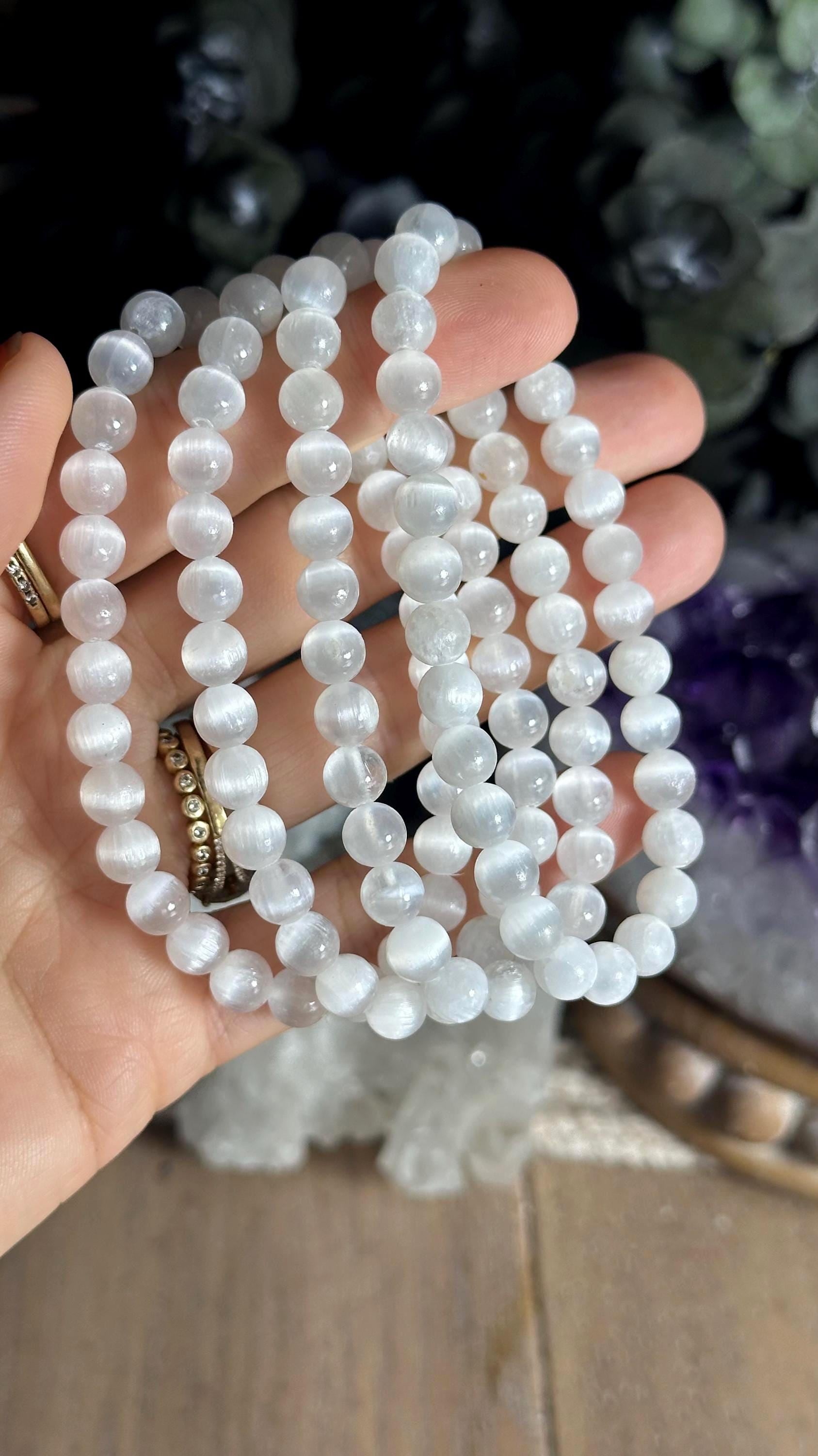 6mm Selenite Satin Spar Beaded Bracelet, Bead Bracelet
