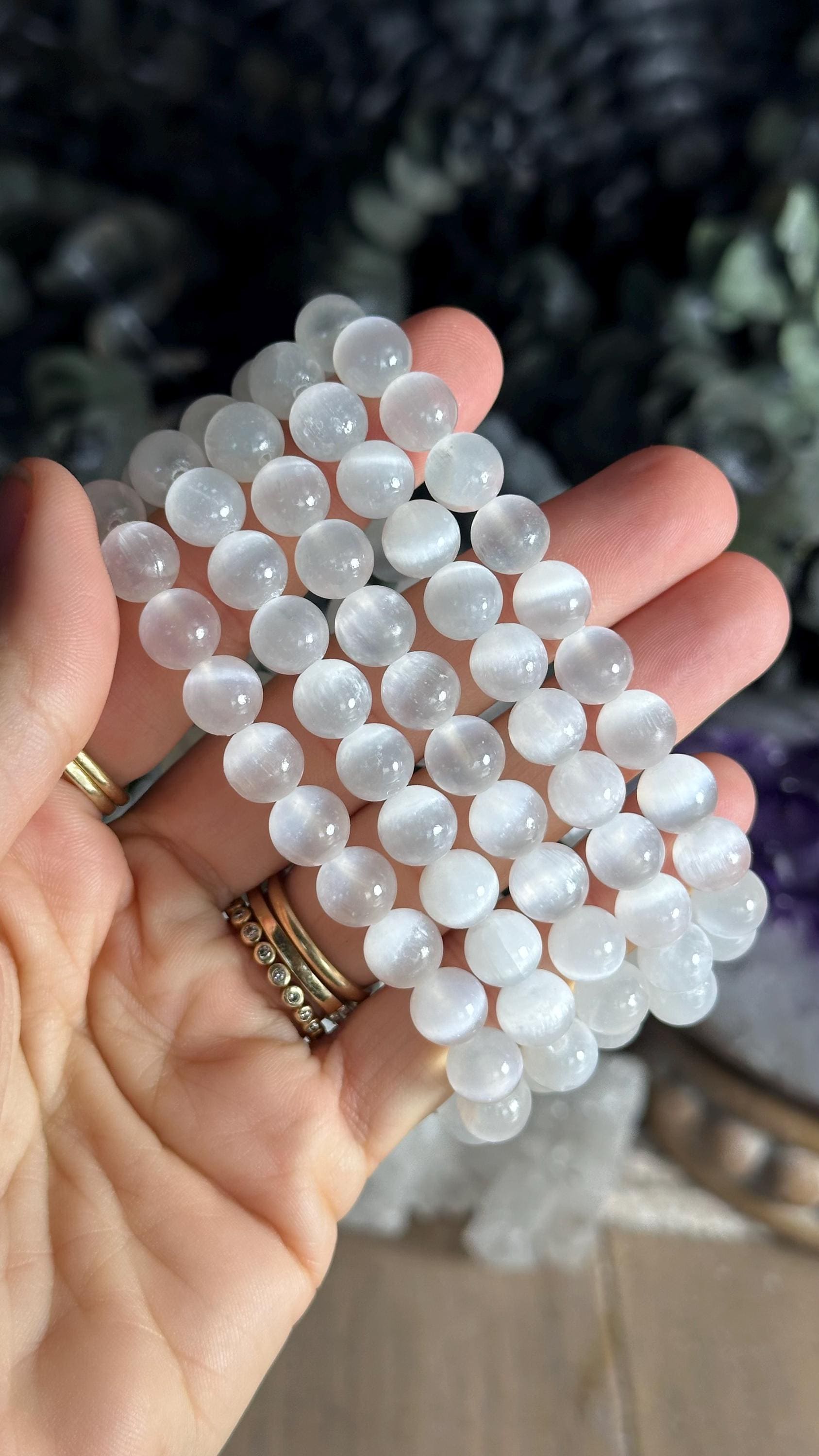 8mm Selenite Satin Spar Beaded Bracelet, Bead Bracelet
