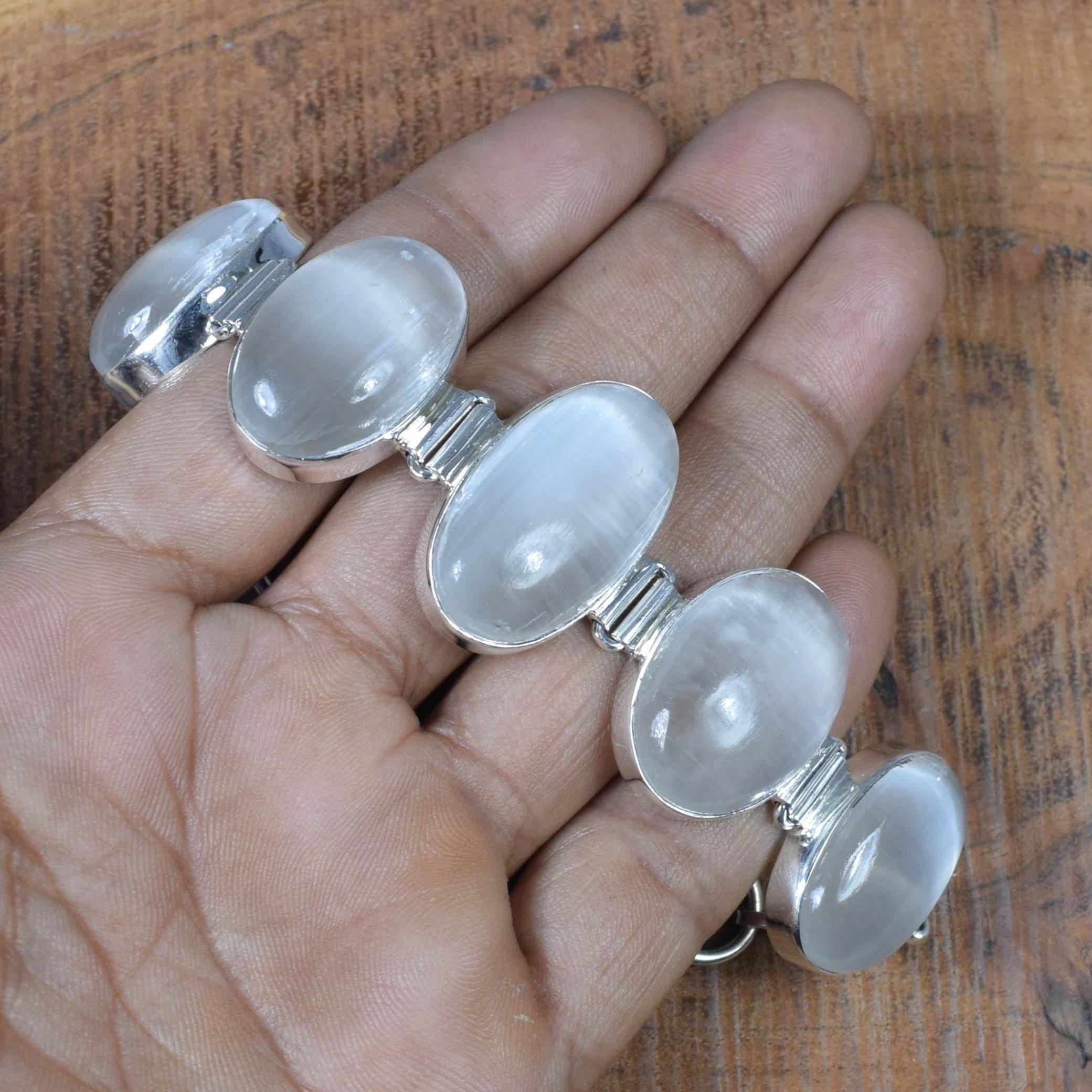 Selenite 925 Sterling Silver Natural Gemstone Adjustable Bracelet