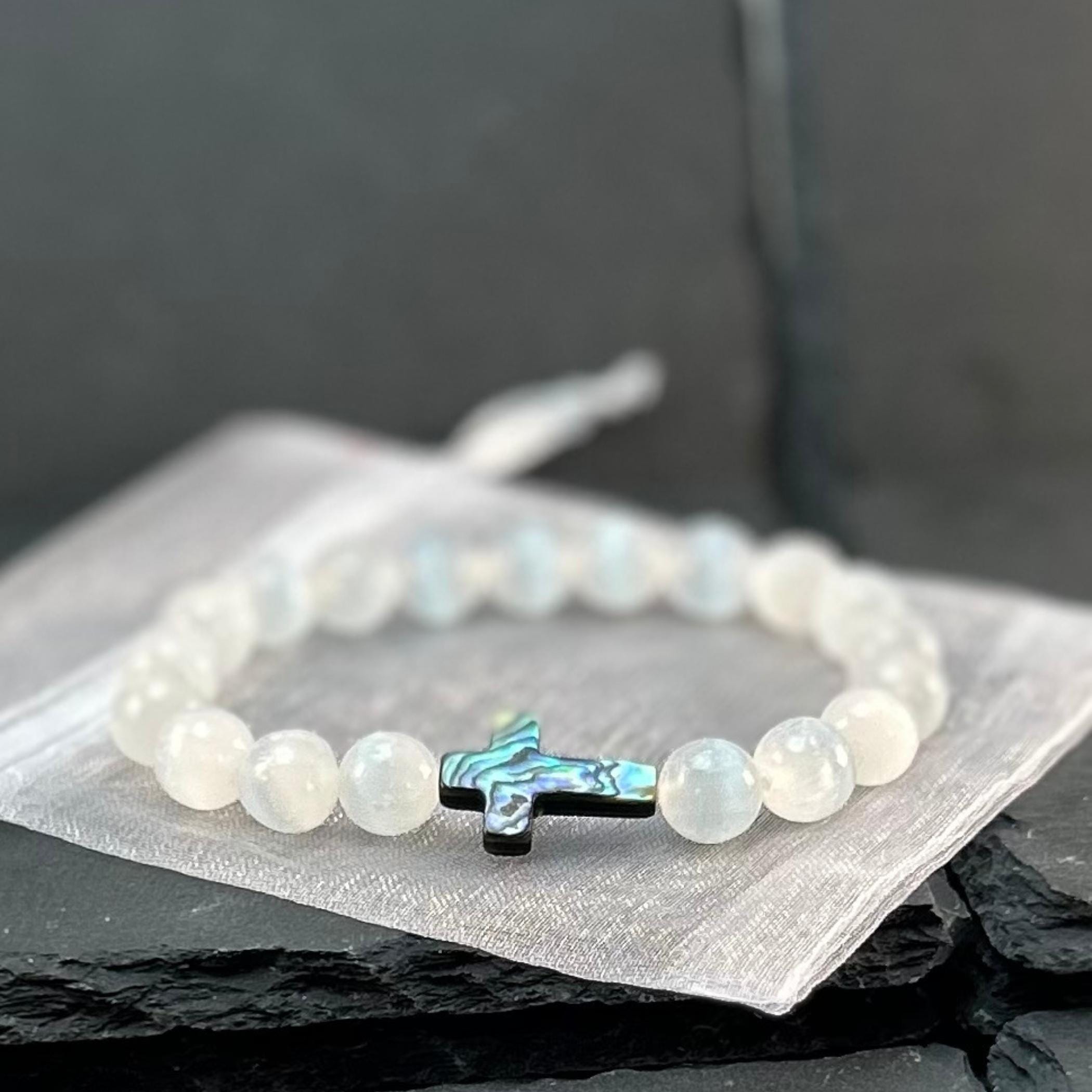 Selenite Bead Bracelet With Abalone Shell Cross Handmade Crystal Bracelet Spiritual Healing Jewelry Gift For Her Energy Cleansing Bracelet Selenite Bead Bracelet With Abalone Shell Cross Handmade Crystal Bracelet Spiritual Healing Jewelry Gift For Her Energy Cleansing Bracelet