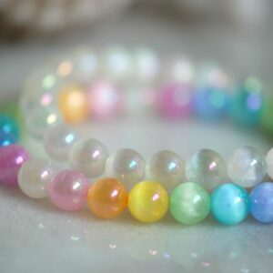 Angel Aura Rainbow and White Selenite AB (Aurora Borealis finish) Iridescent Electroplated Beads 6mm, 8mm Custom Fit Stretch Bracelet