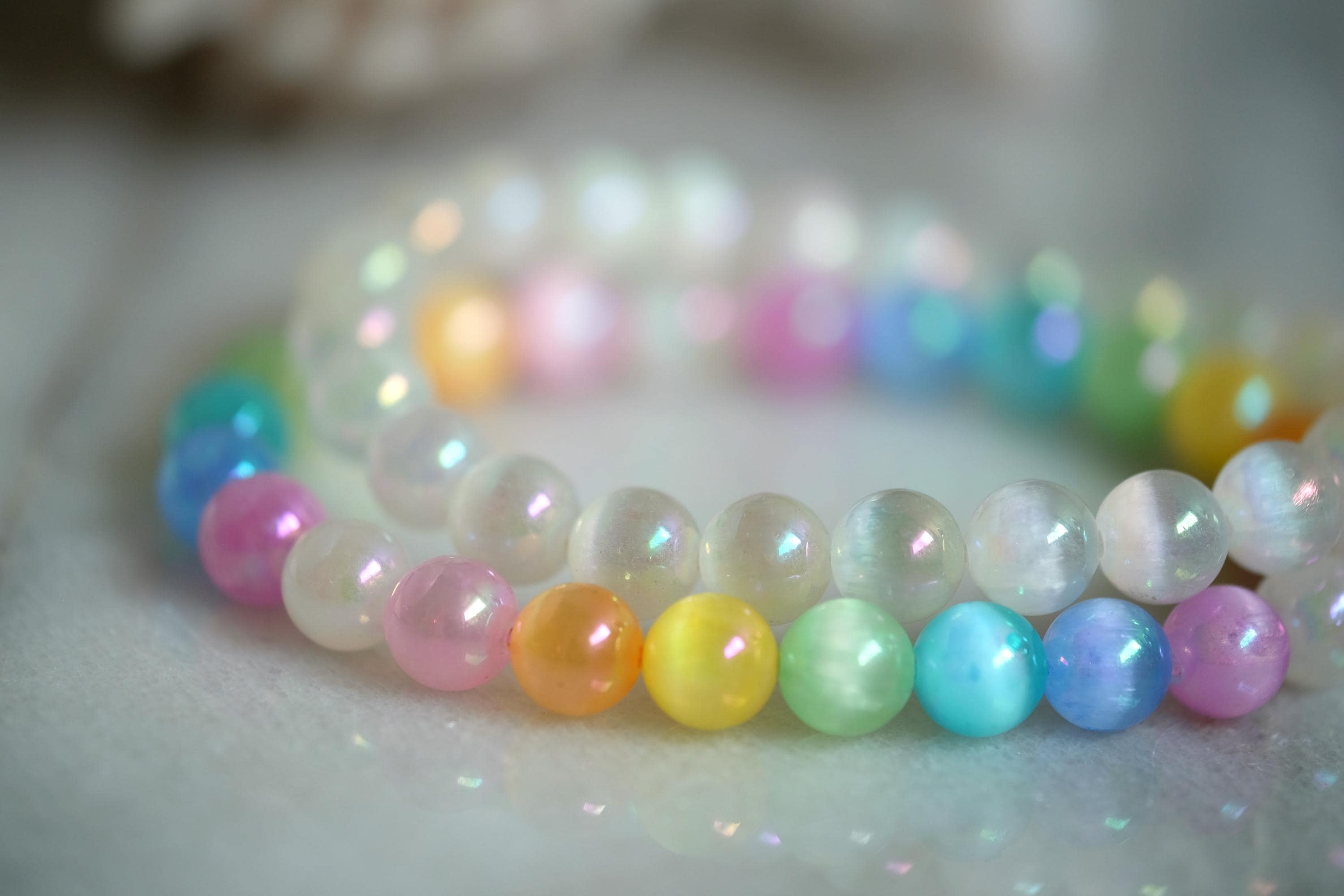 Angel Aura Rainbow And White Selenite Ab (aurora Borealis Finish) Iridescent Electroplated Beads 6mm, 8mm Custom Fit Stretch Bracelet