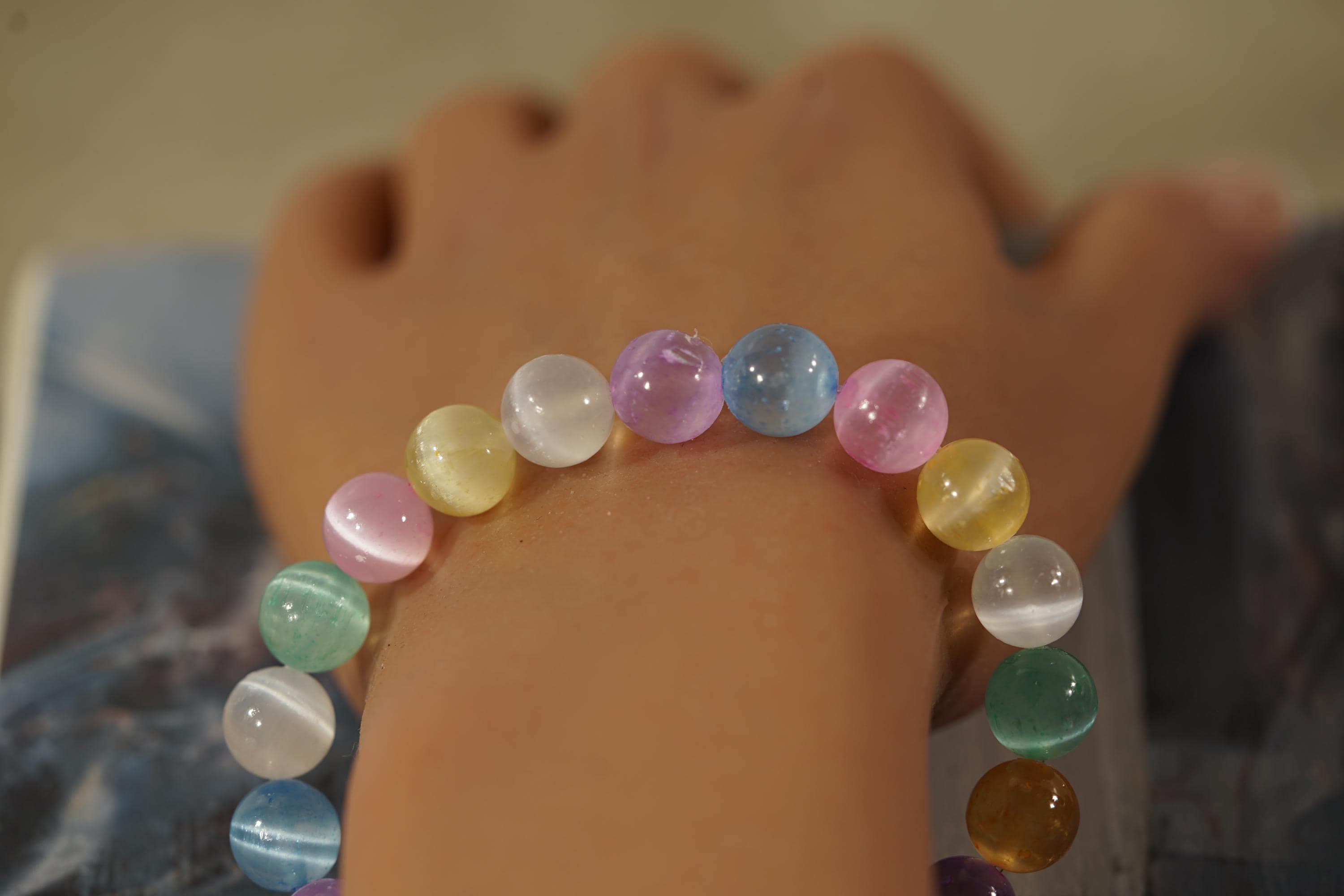 Selenite Bracelet • Cat Eye Sheen Selenite Stretch Bracelet • 10mm • 12mm • Multi-color Selenite • Aaaaa • 5a • Positive Energy• B1005