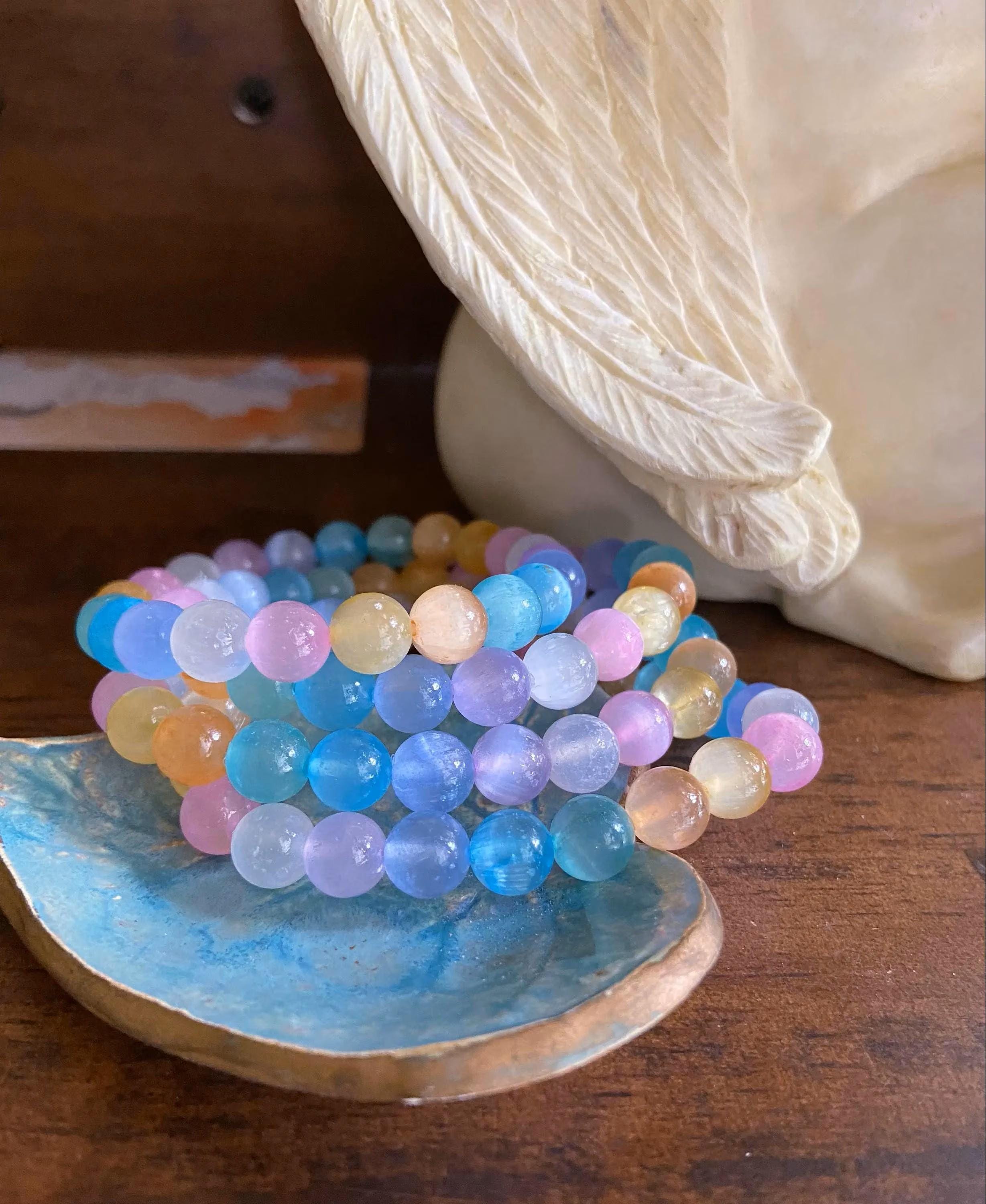 Colorful Selenite Bracelet, Candy Selenite, Crown Chakra Healing Crystal Jewelry, Intuitively Chosen