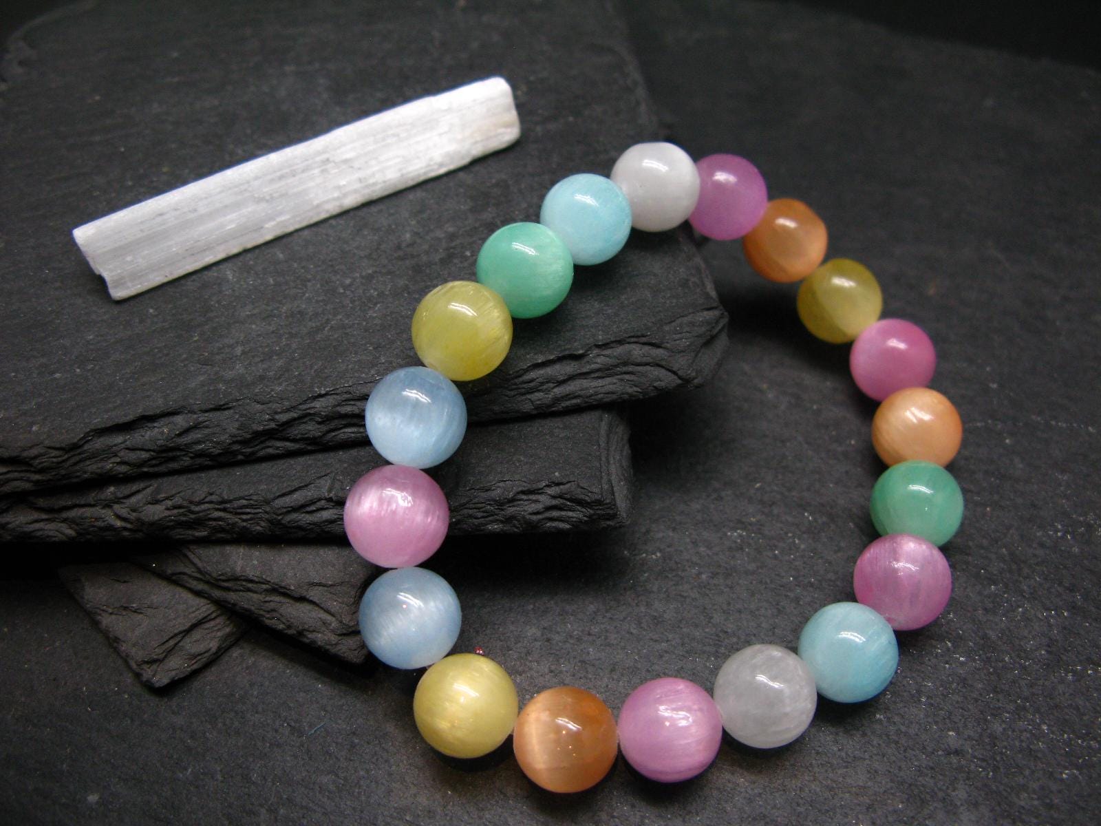 Selenite Colorful Genuine Bracelet ~ 7 Inches  ~ 10mm Round Beads