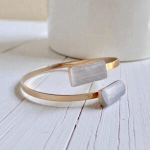 Selenite Cuff Bracelet, Boho Double Gemstone Bracelet, Raw Stone Bangle, Healing Crystal Jewelry Gift For Her, White Stone Wrap Bracelet