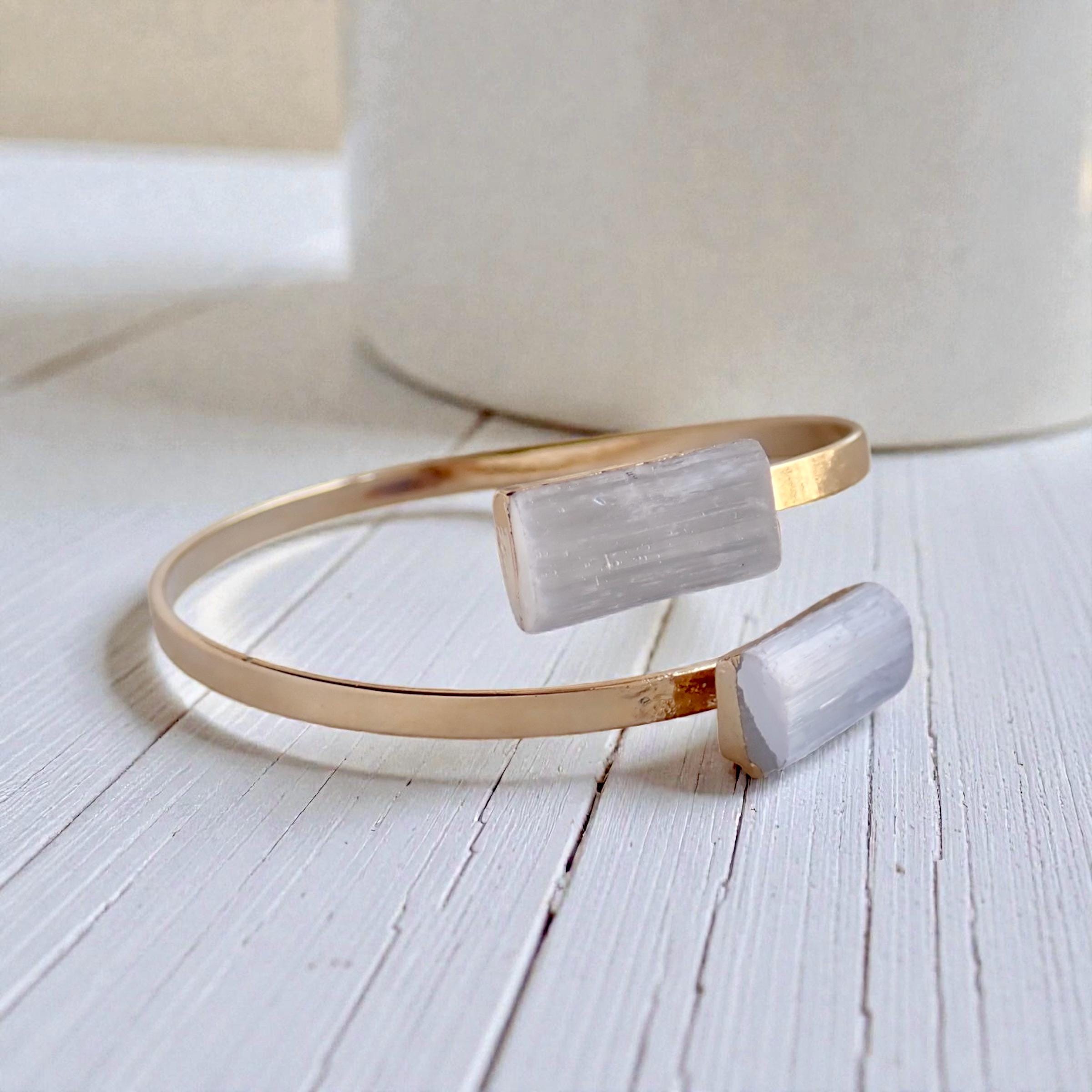 Selenite Cuff Bracelet, Boho Double Gemstone Bracelet, Raw Stone Bangle, Healing Crystal Jewelry Gift For Her, White Stone Wrap Bracelet