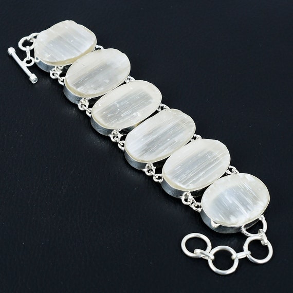 Selenite Druzy 925 Sterling Silver Bracelet - Adjustable Gemstone Jewelry