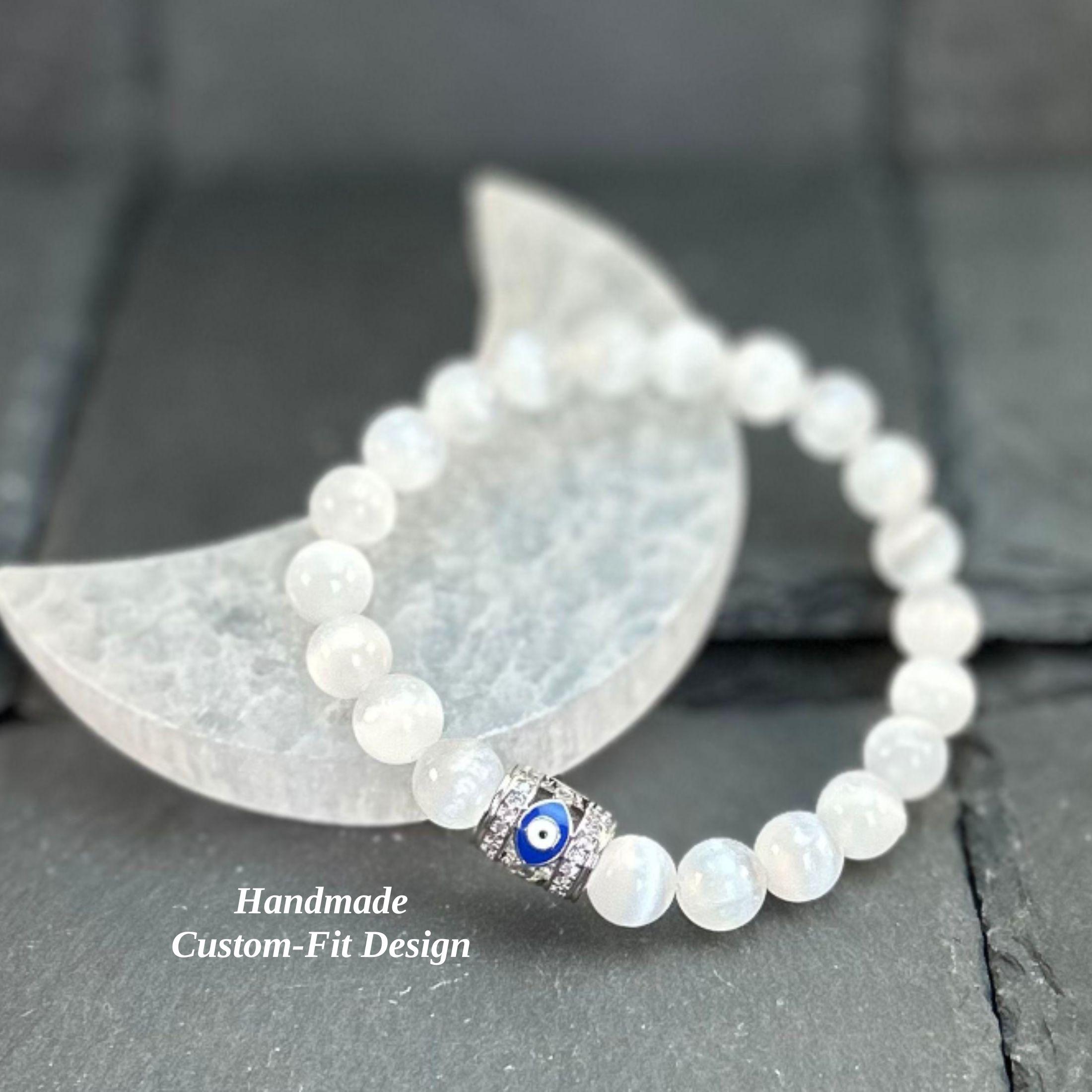 Selenite Evil Eye Bracelet: High Vibration Crystal Healing Jewelry