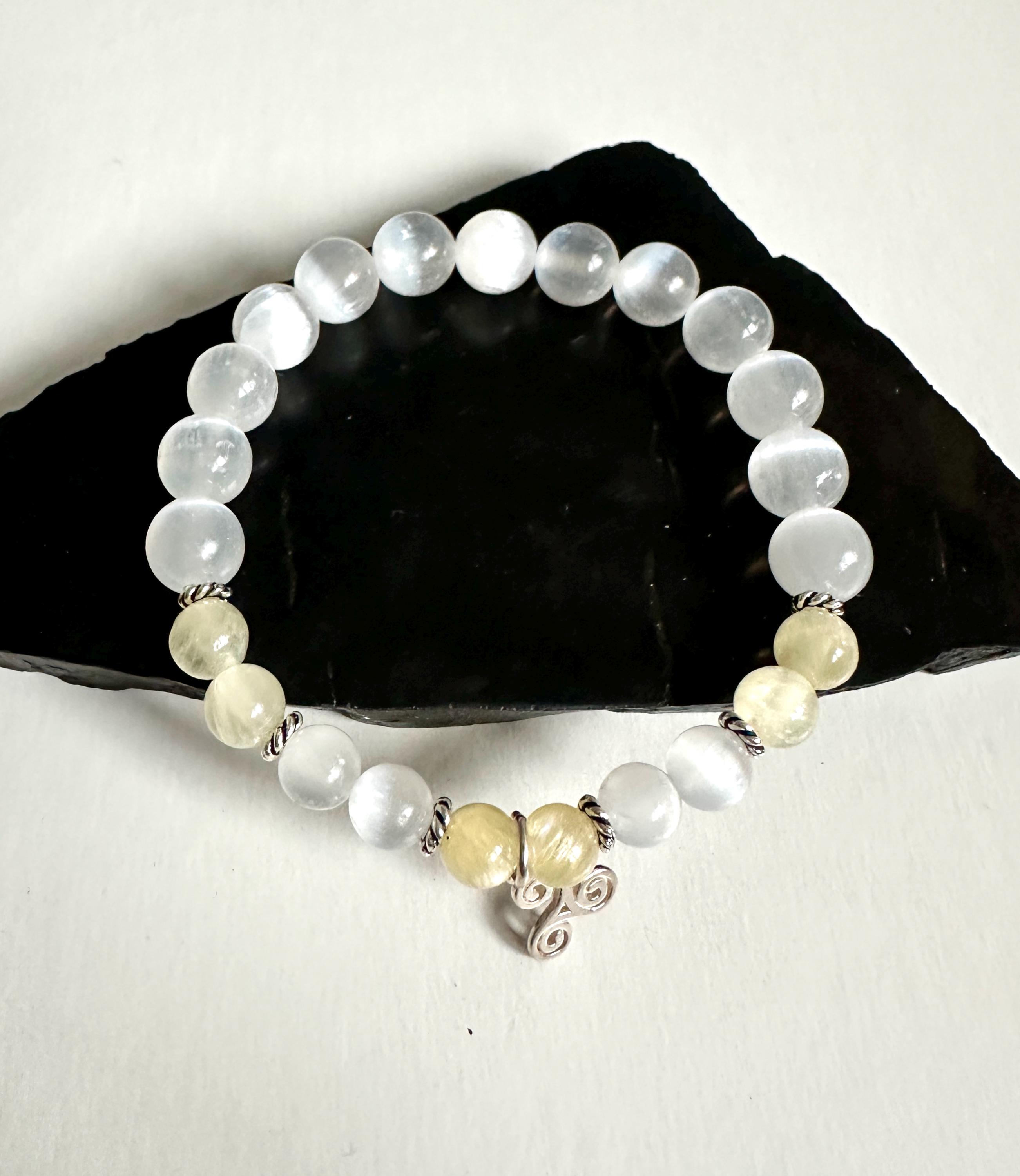Selenite Gemstone Beaded Stretch Bracelet, Handmade Gemstone Everyday Jewelry