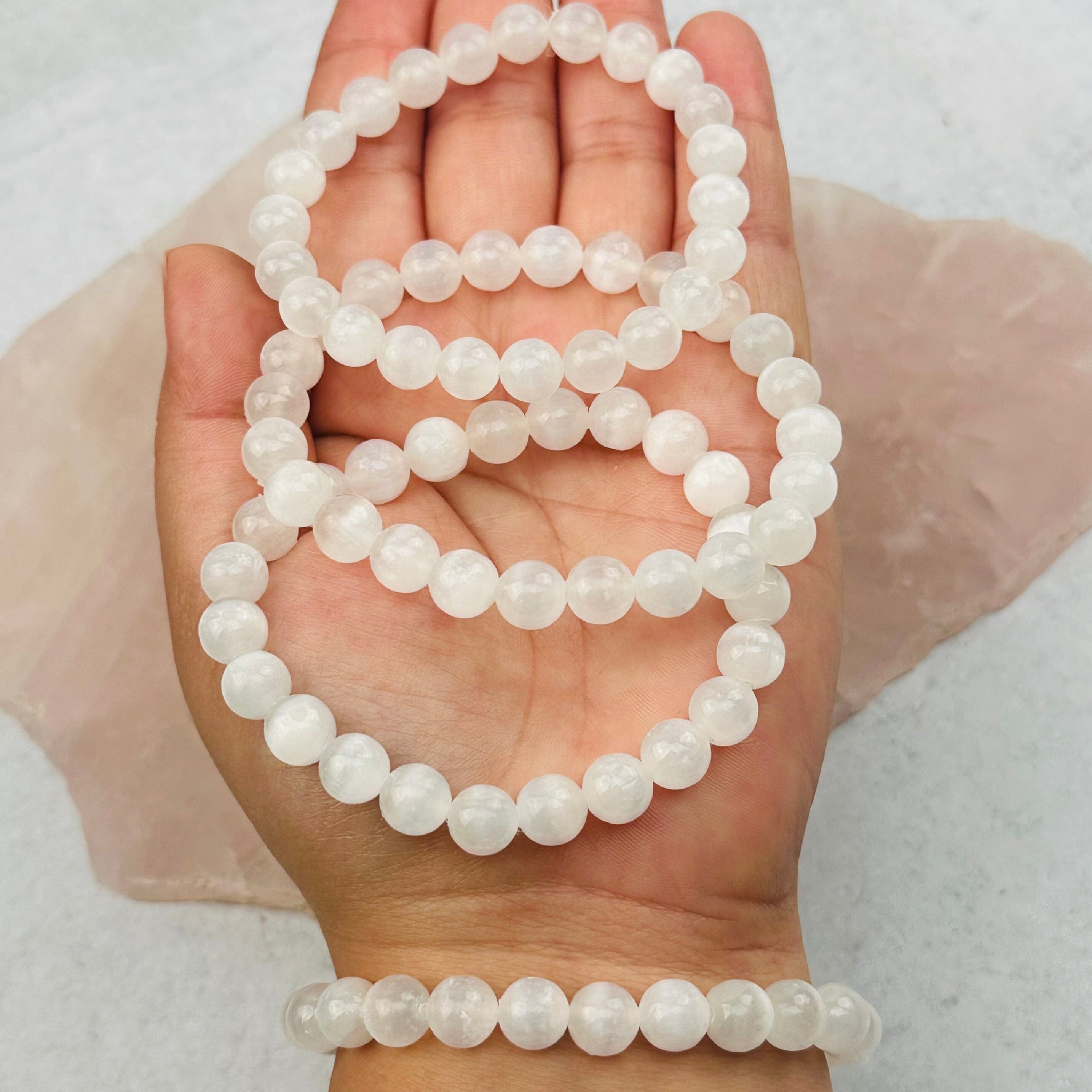 Selenite Gemstone Crystal Stretch Bracelets  8mm Beads- (1brownshelf-120)