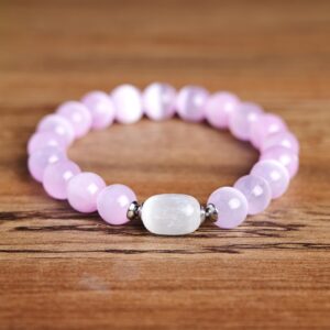 Genuine Aaa While And Pink Selenite Stretch Bracelet