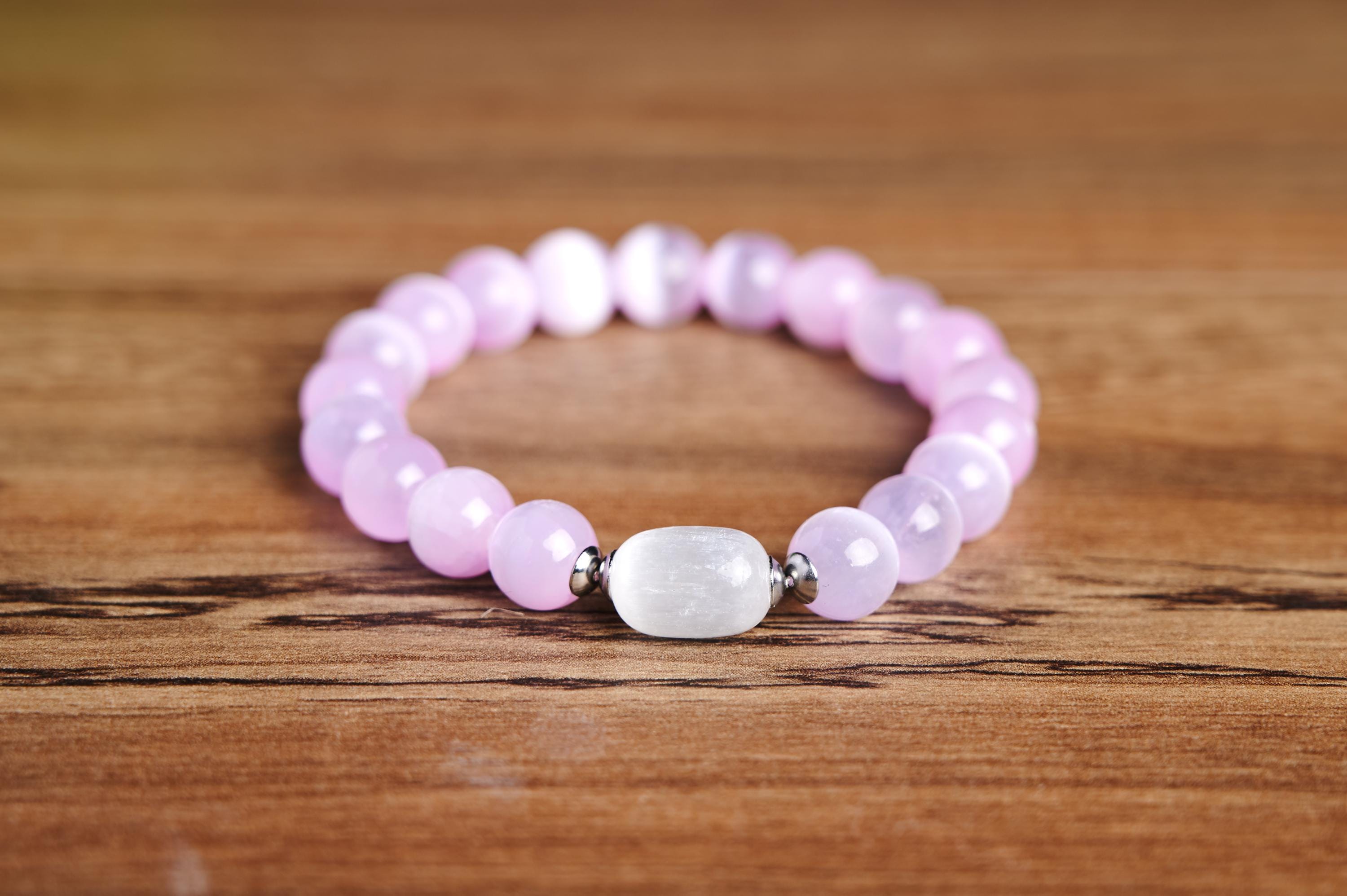 Genuine Aaa While And Pink Selenite Stretch Bracelet