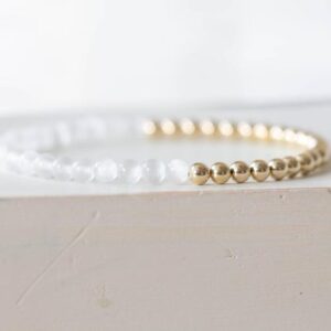 Genuine Selenite Stretch Bracelet With Sterling Silver, Yellow Or Rose Gold Filled