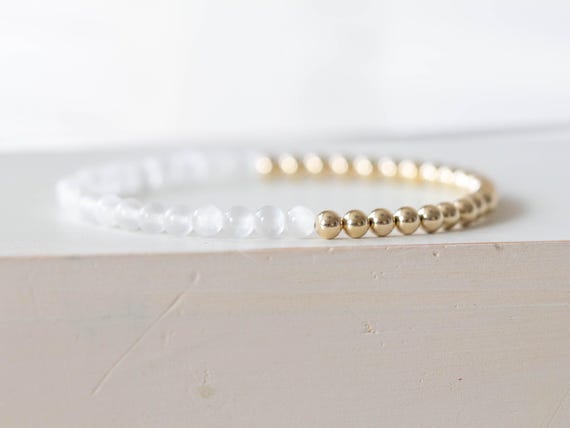 Genuine Selenite Stretch Bracelet With Sterling Silver, Yellow Or Rose Gold Filled