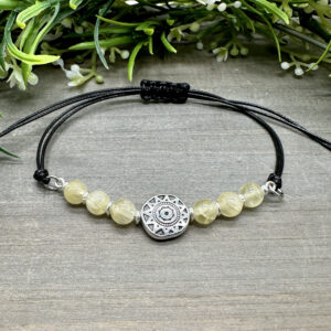Golden Selenite Sun Charm Bracelet: Knotted Waxed Cord, Adjustable