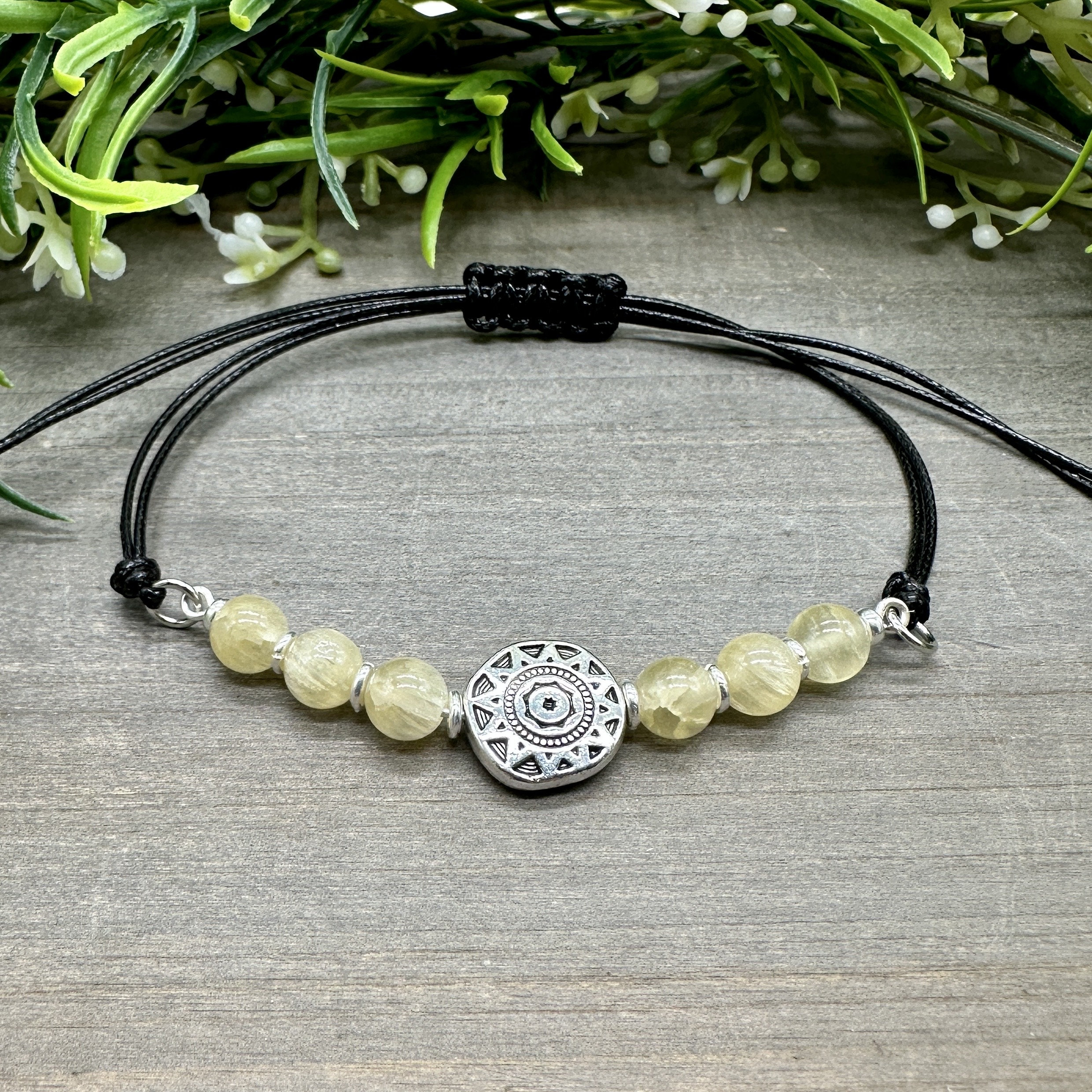 Golden Selenite Sun Charm Bracelet: Knotted Waxed Cord, Adjustable