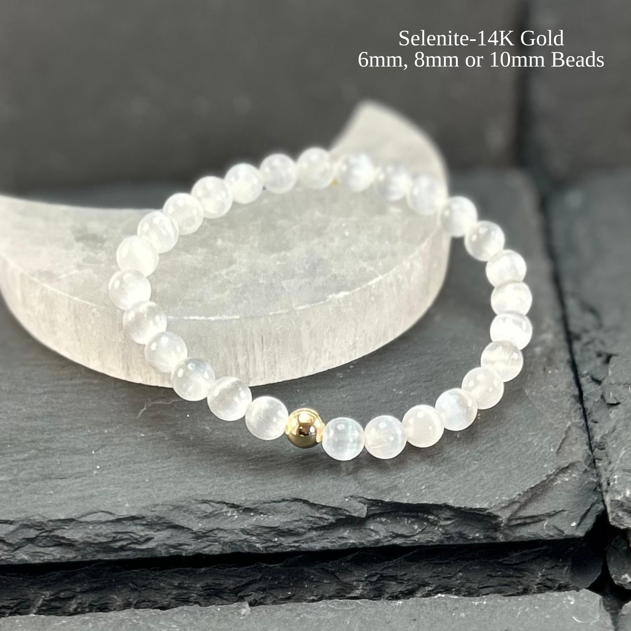 Handmade Selenite Bracelet With 14k Gold Bead: Healing Crystal Jewelry